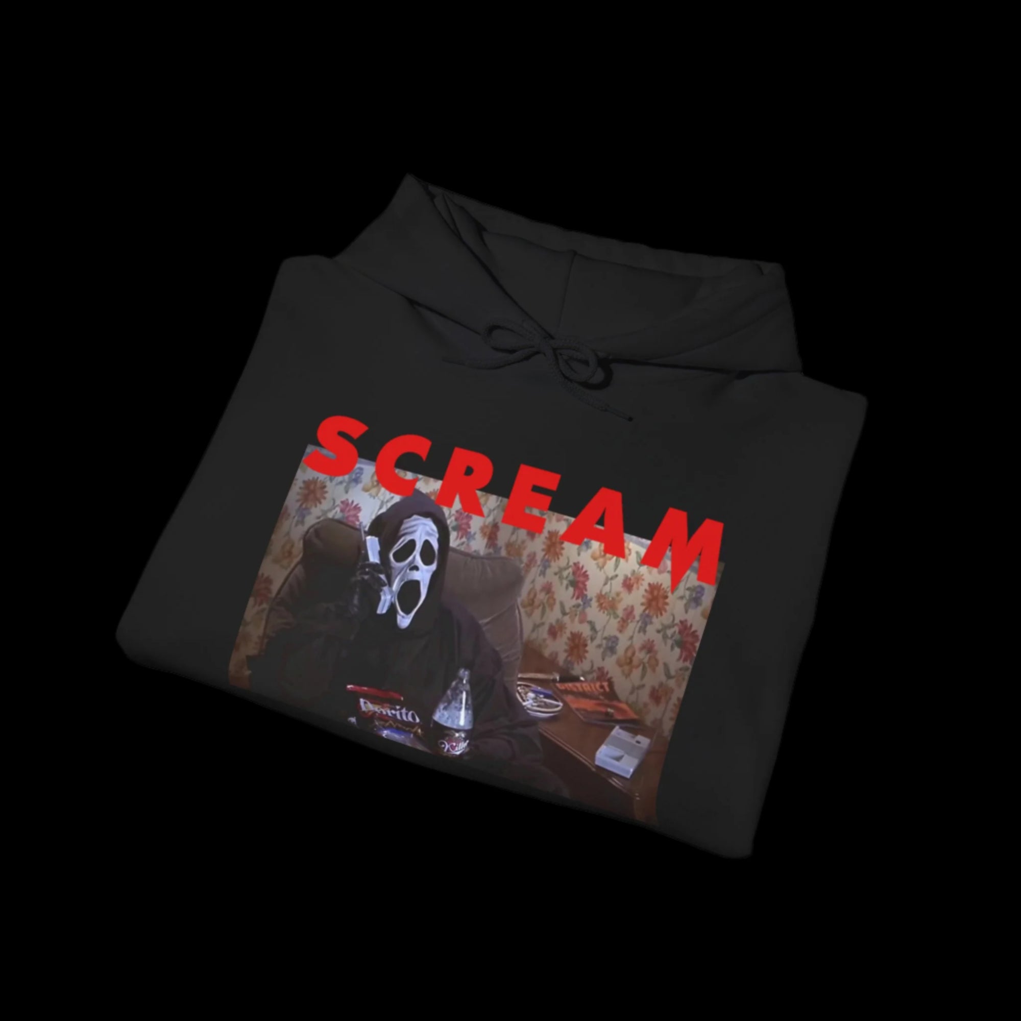 Black hoodie with 'SCREAM' graphic design on a white background