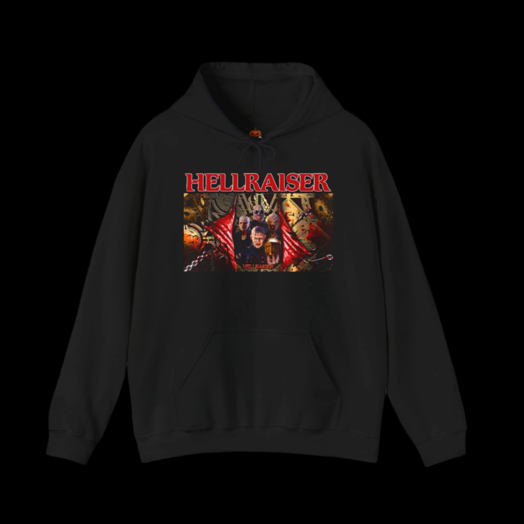 Black hoodie with 'Hellraiser' graphic design on a black background