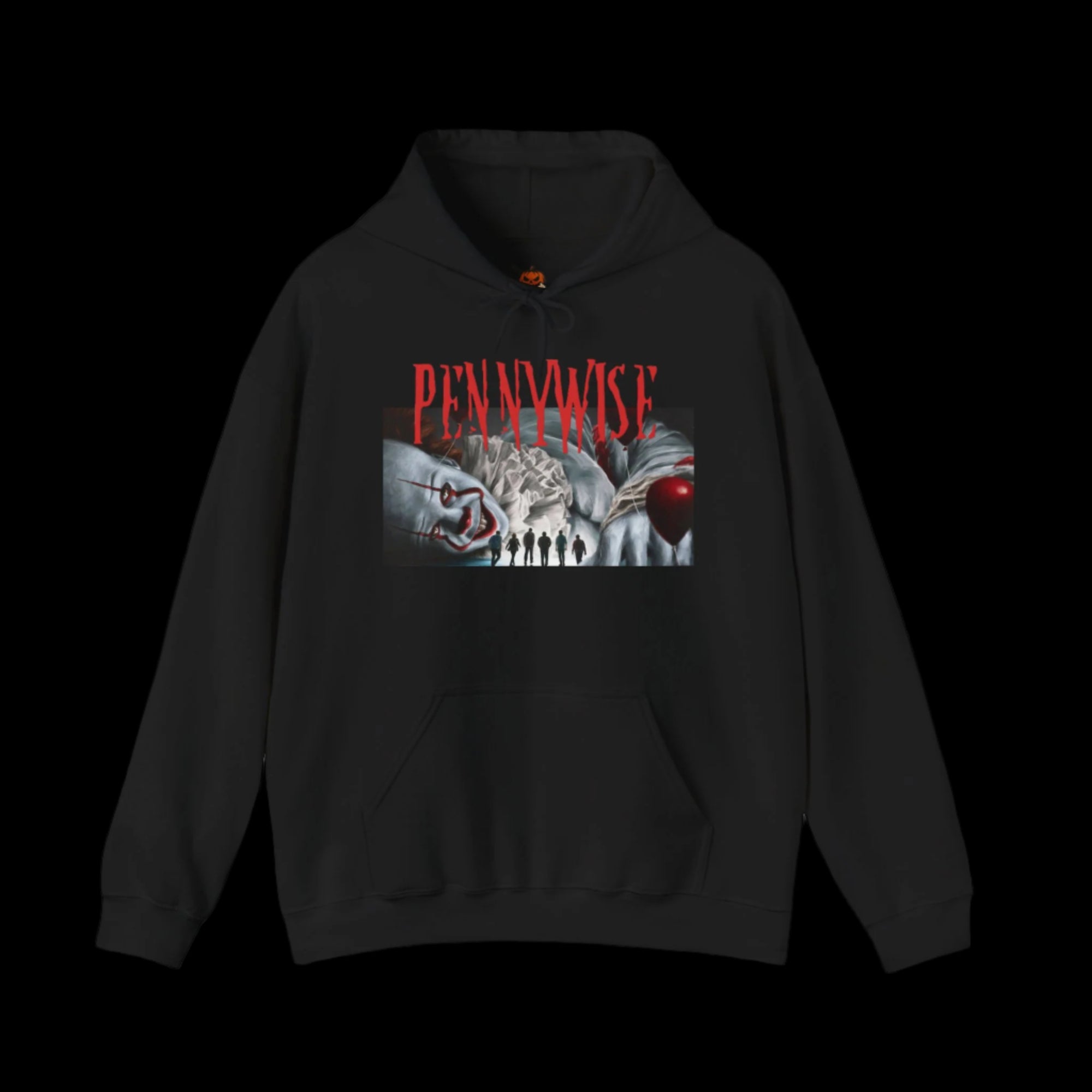 Black hoodie with 'Pennywise' graphic design on a black background