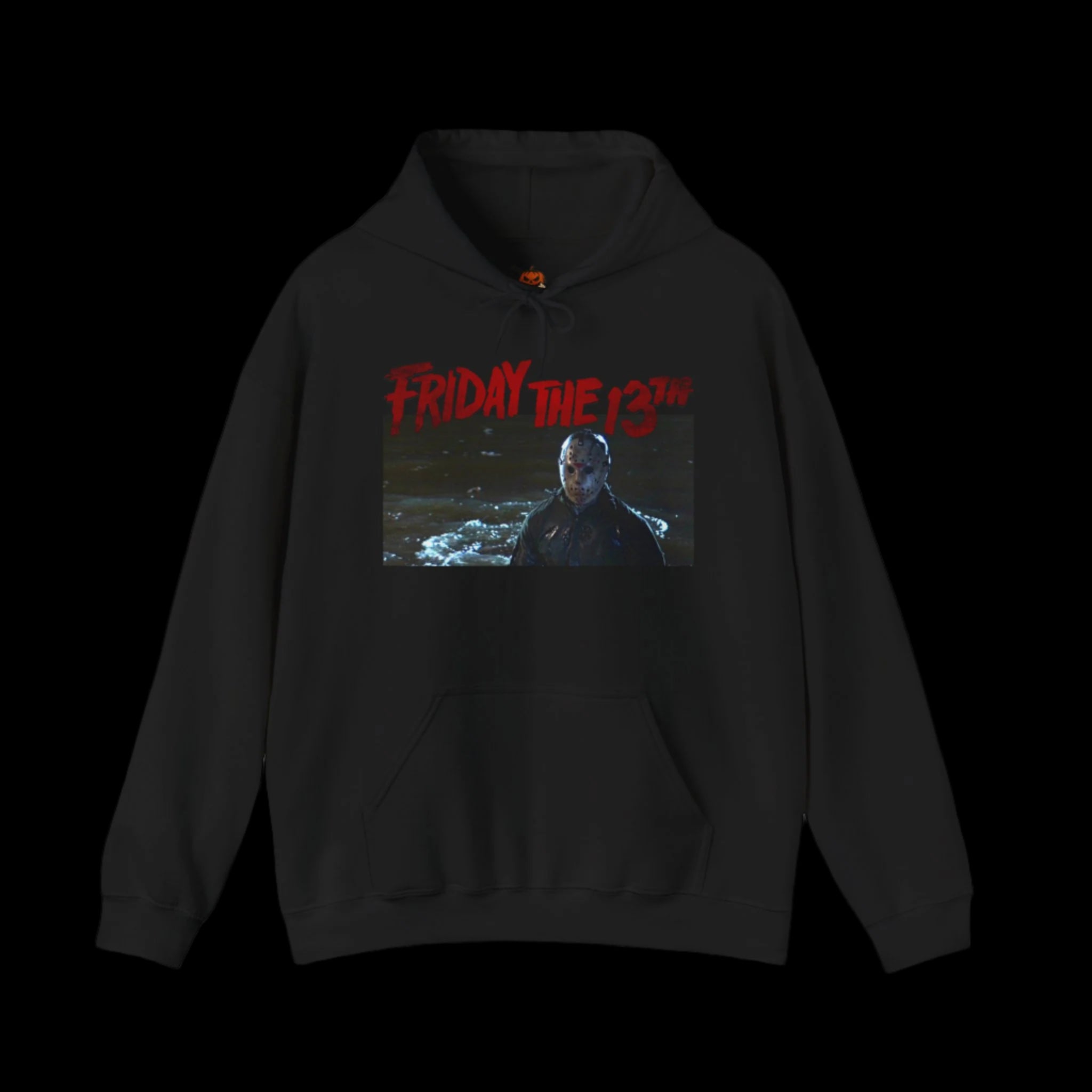 Black hoodie with 'Friday the 13th' graphic on a white background