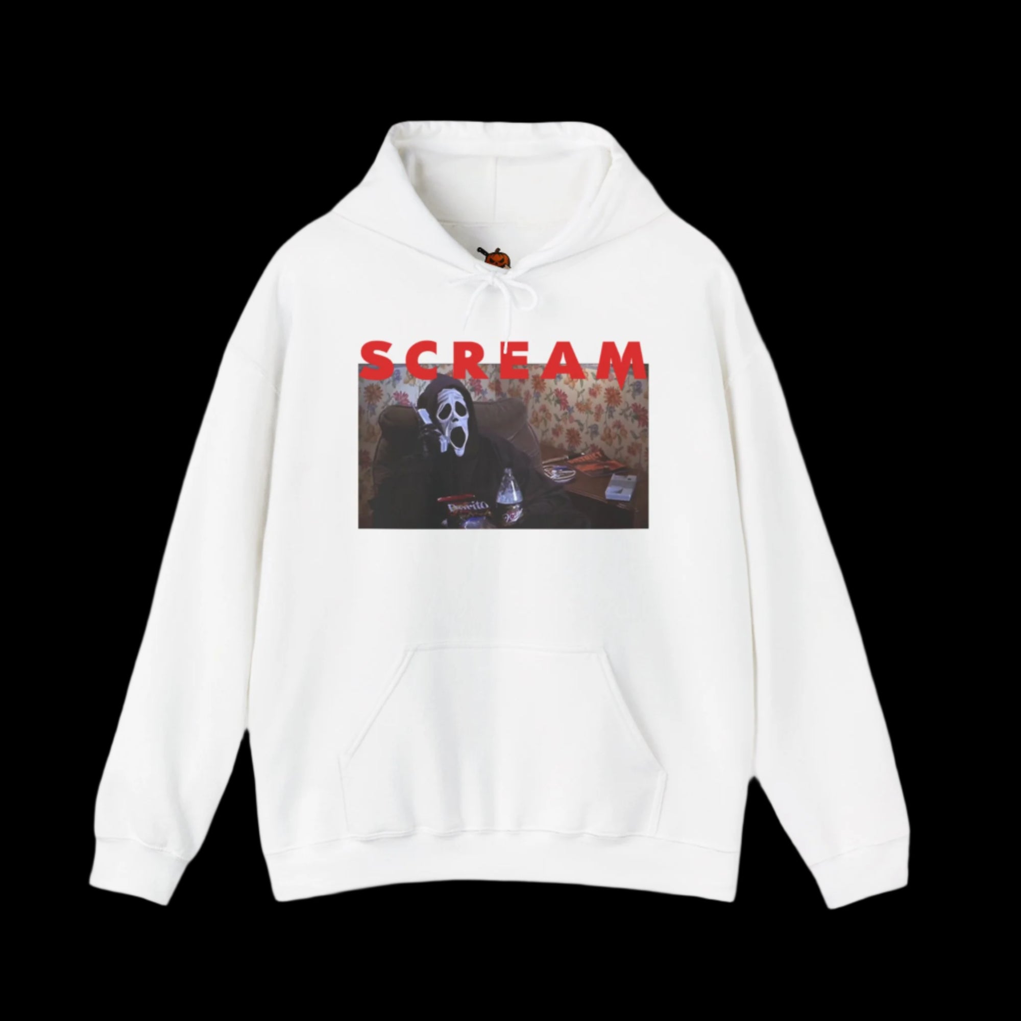 White hoodie with 'SCREAM' graphic design on a white background