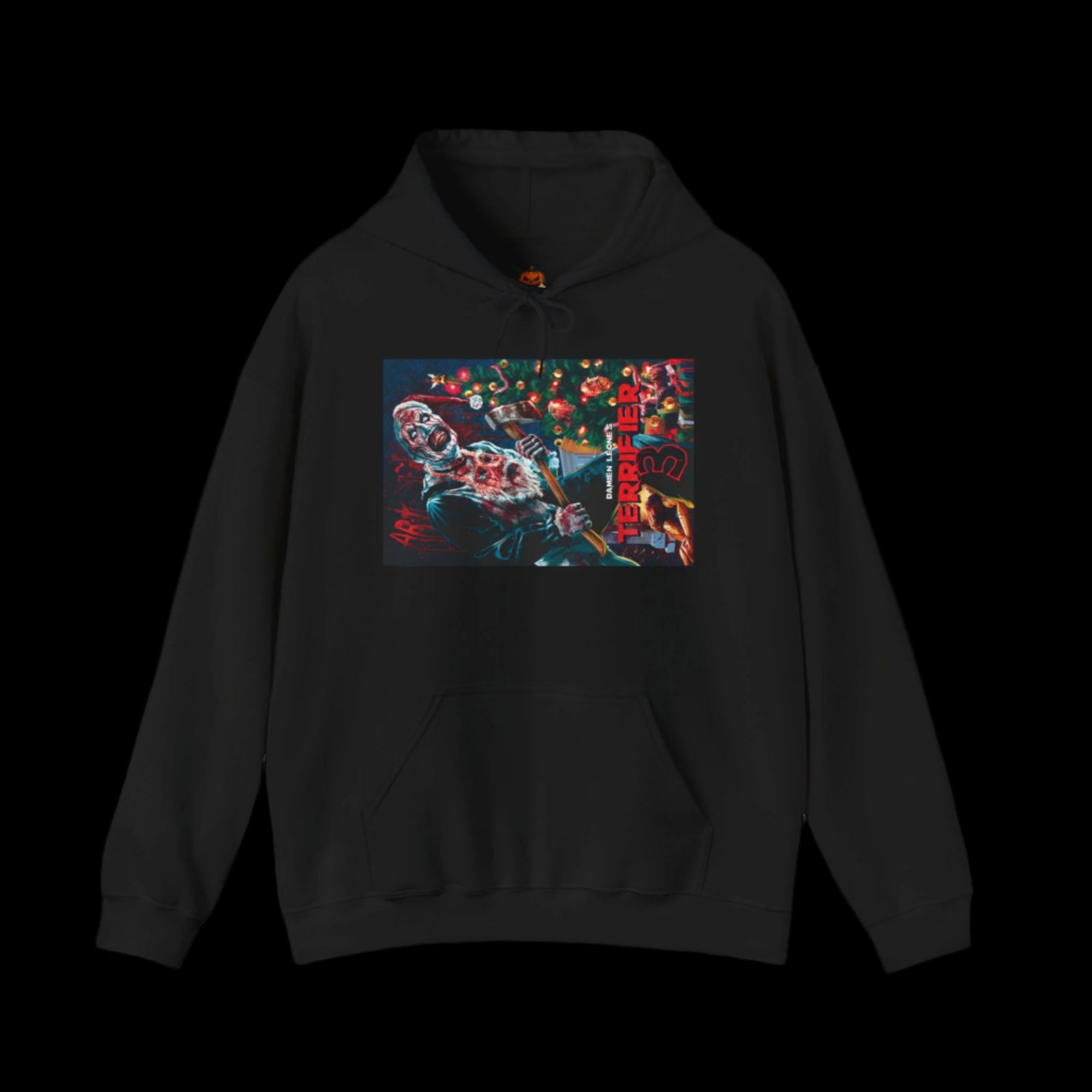 Black hoodie with 'Terrifier' graphic design of Art The Clown on a white background