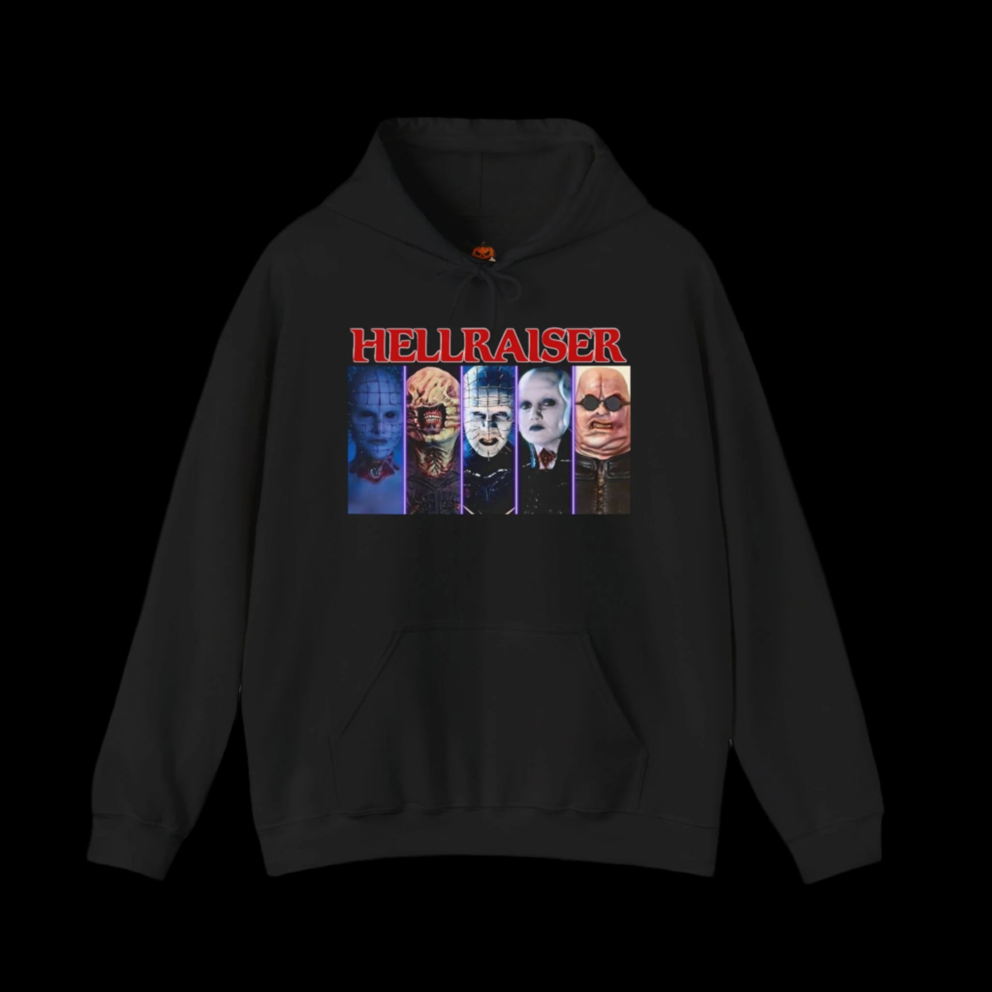 Black hoodie with 'Hellraiser' graphic design featuring five faces on a black background