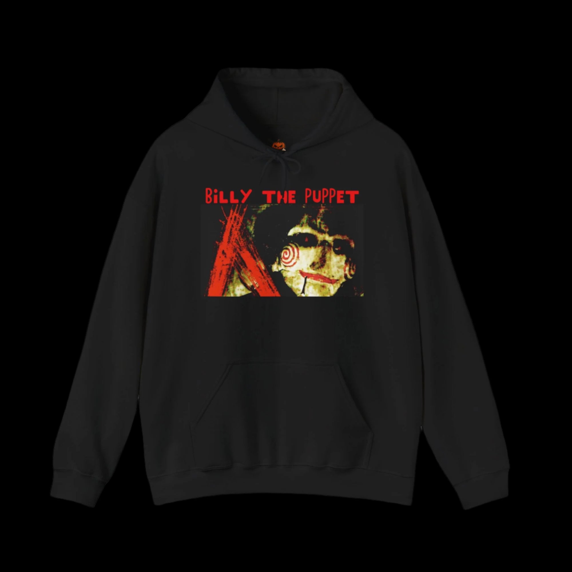 Black hoodie with 'Billy the Puppet' graphic design on a black background