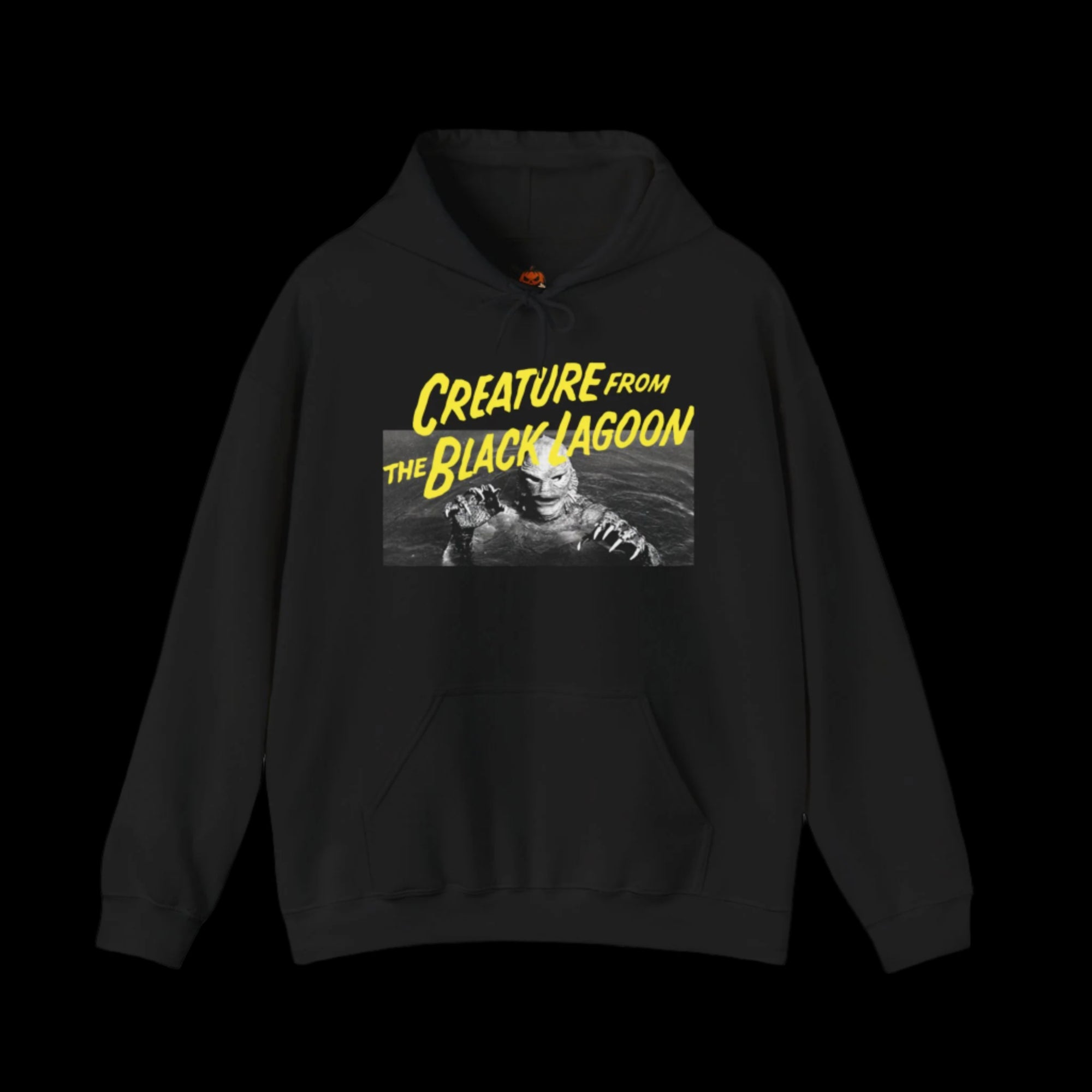 Black hoodie with a graphic of a creature from the black lagoon gill-man and text on a black background