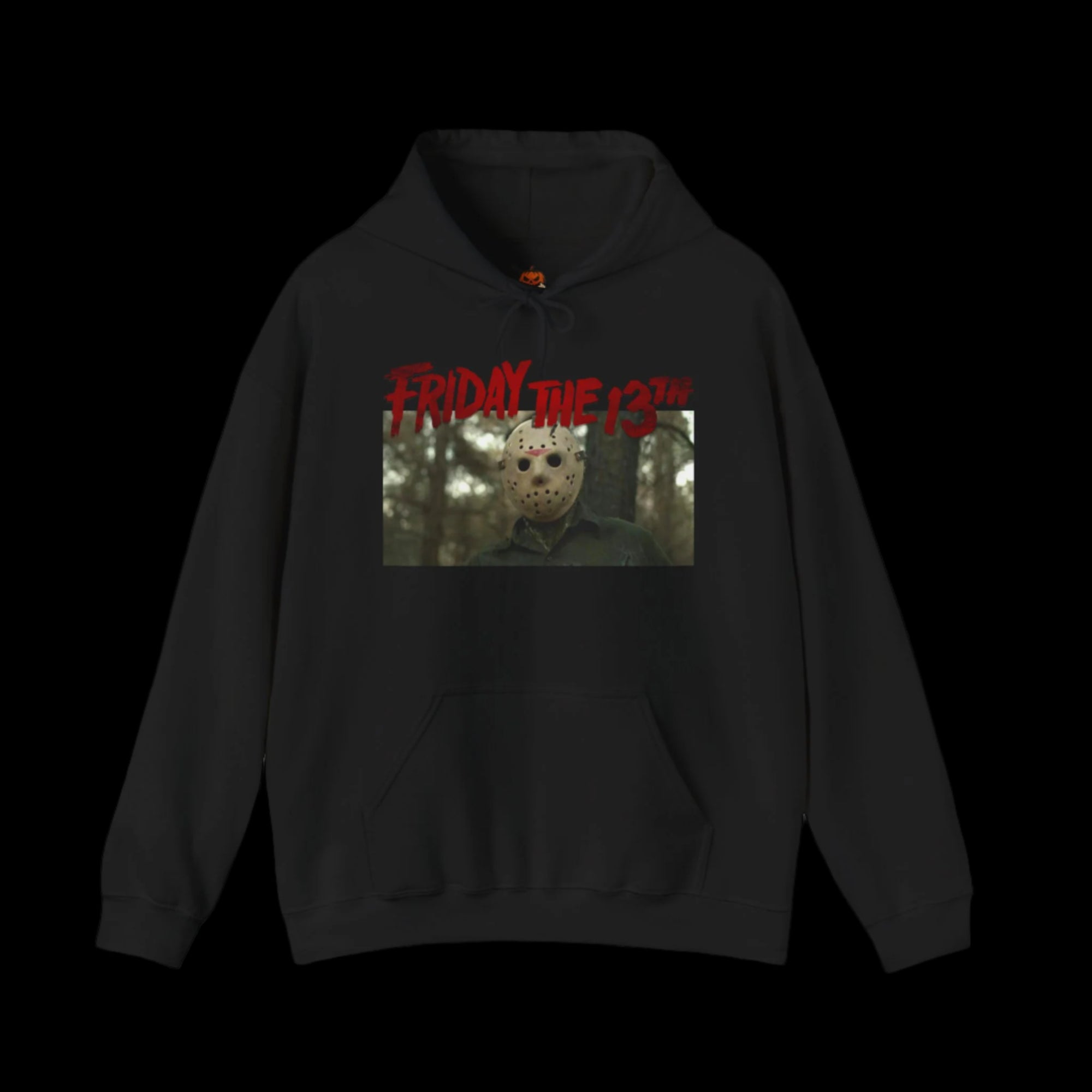 Black hoodie with 'Friday the 13th' graphic design on a white background