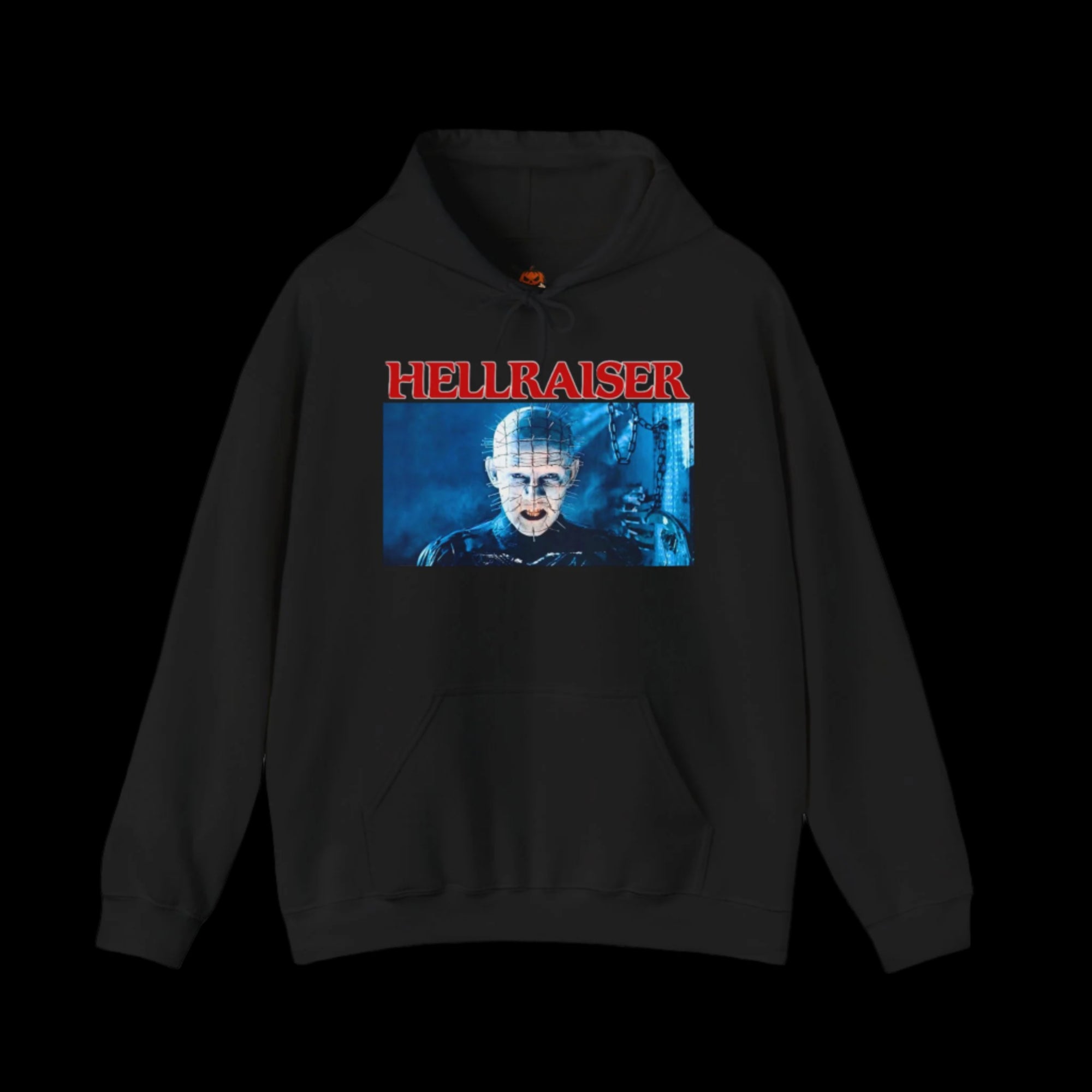 Black hoodie with 'Hellraiser' graphic on a black background