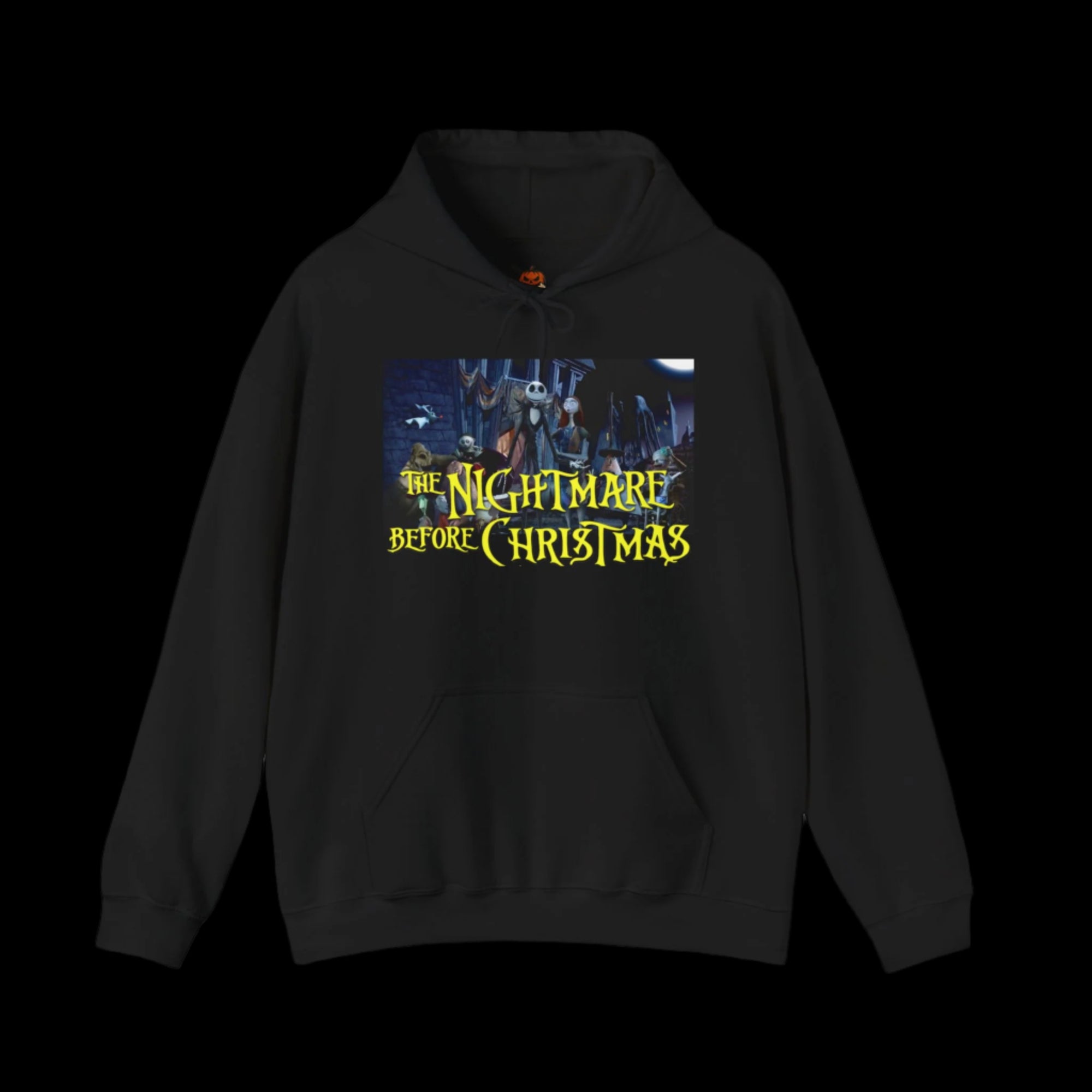 Black hoodie with 'The Nightmare Before Christmas' graphic on a black background