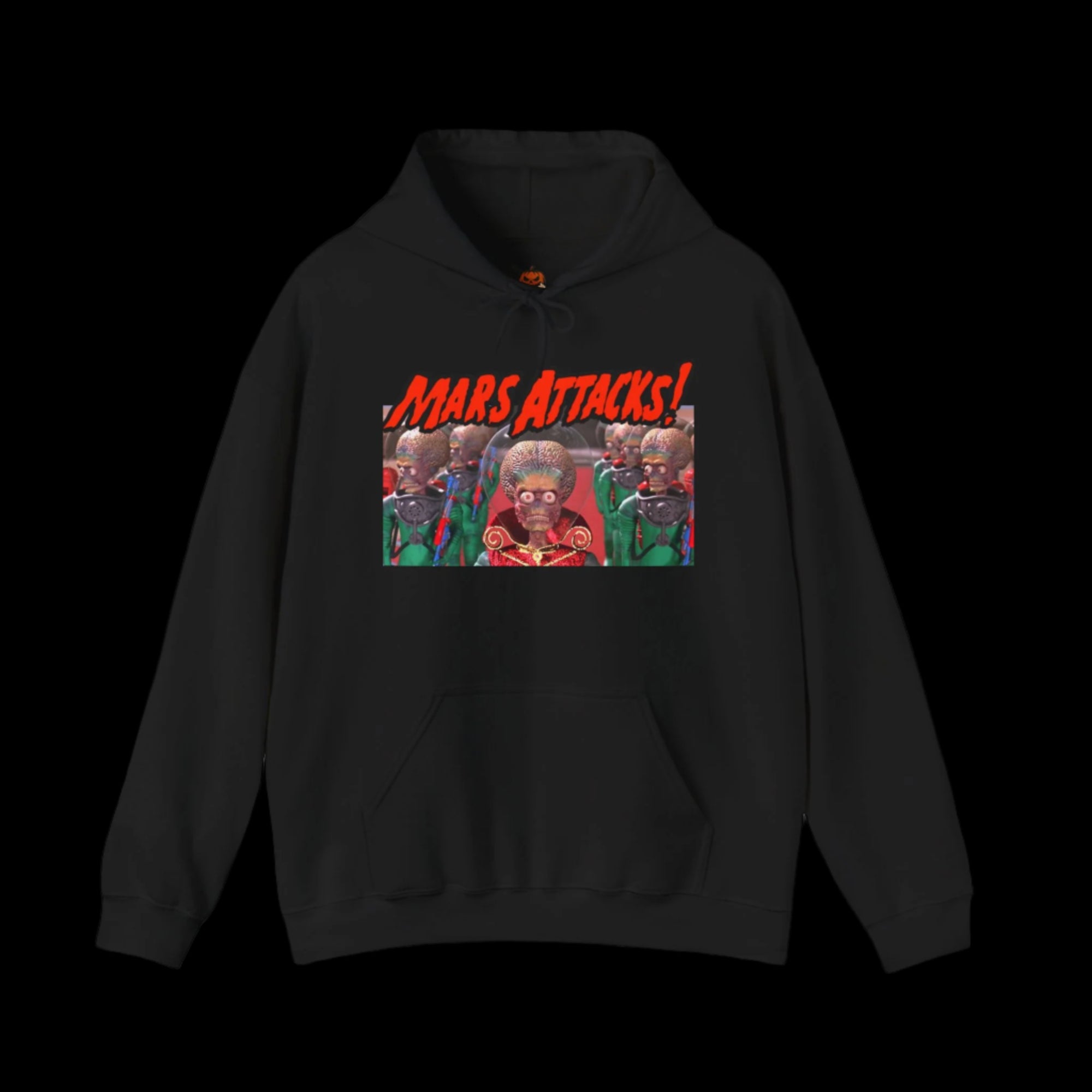 Black hoodie with 'Mars Attacks!' graphic on a black background