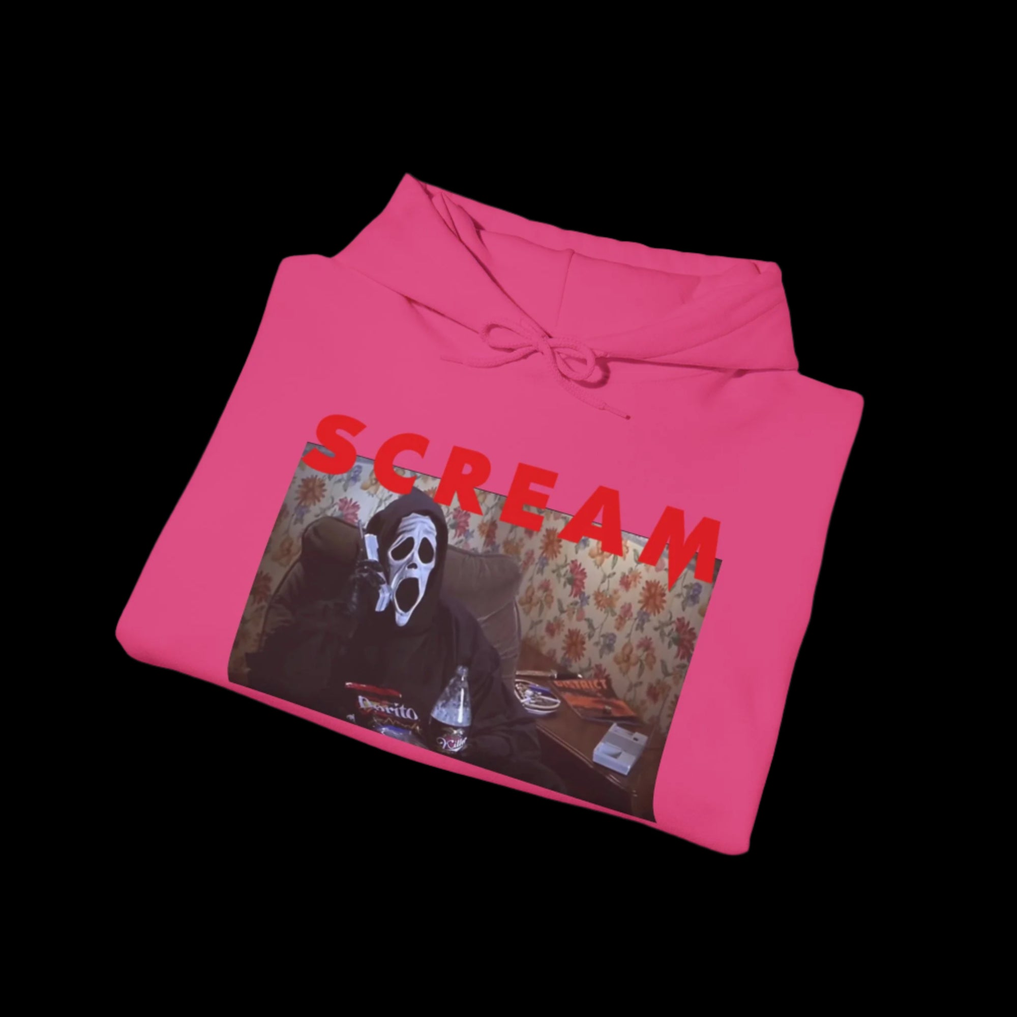 Pink hoodie with 'SCREAM' graphic design on a white background