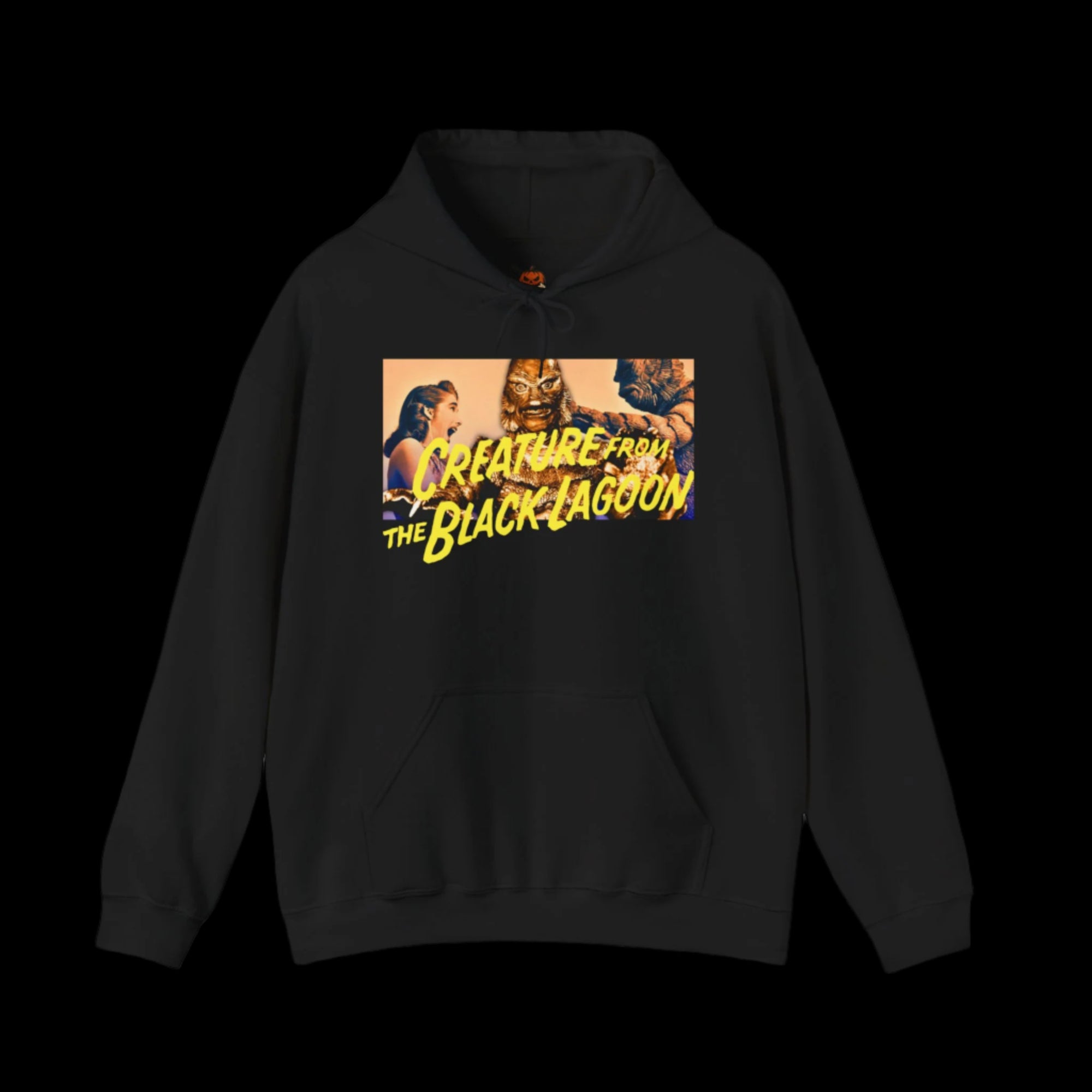 Black hoodie with a graphic of a creature from the black lagoon gill-man and text on a black background