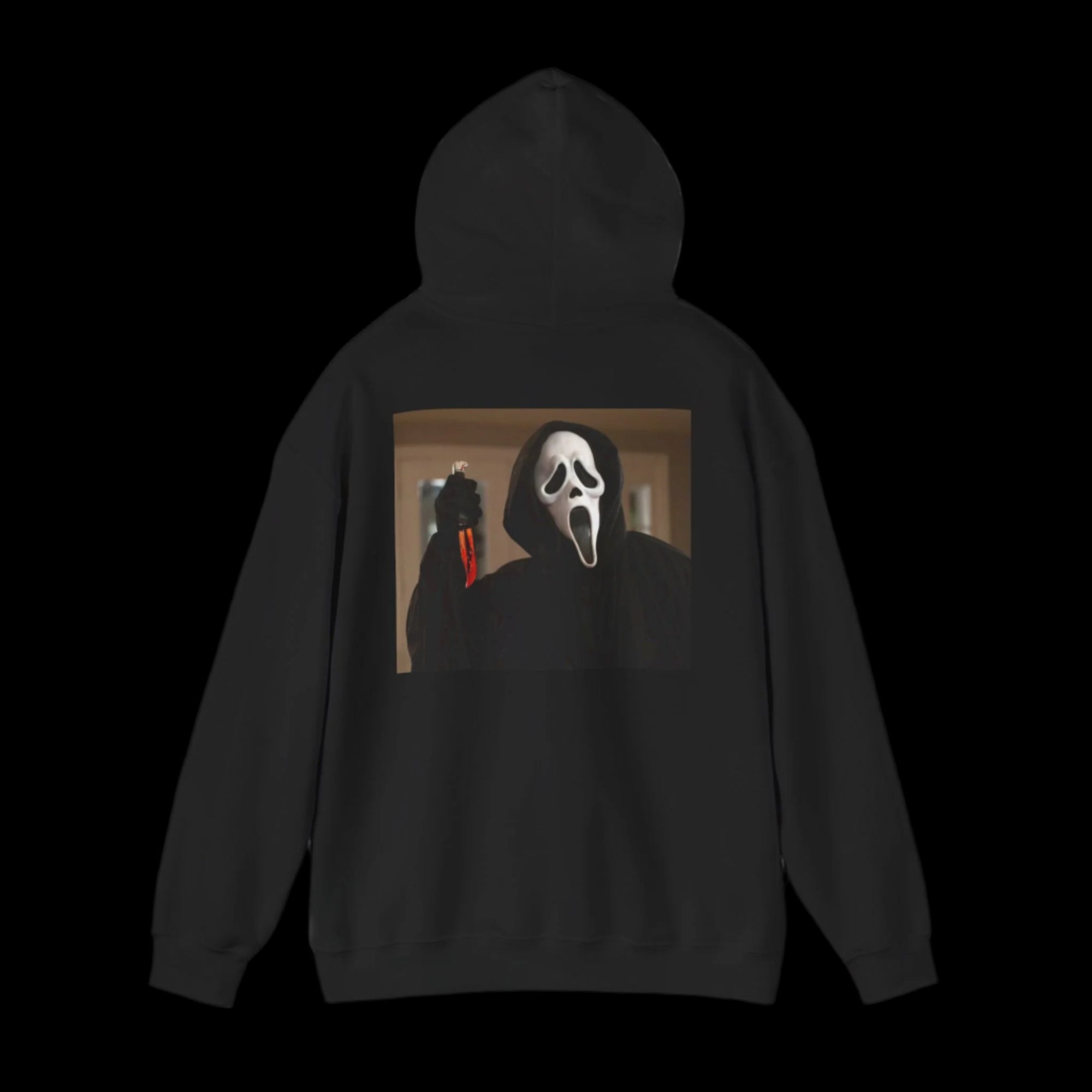 Black hoodie with a graphic design on the back featuring Ghostface in a mask and a knife.