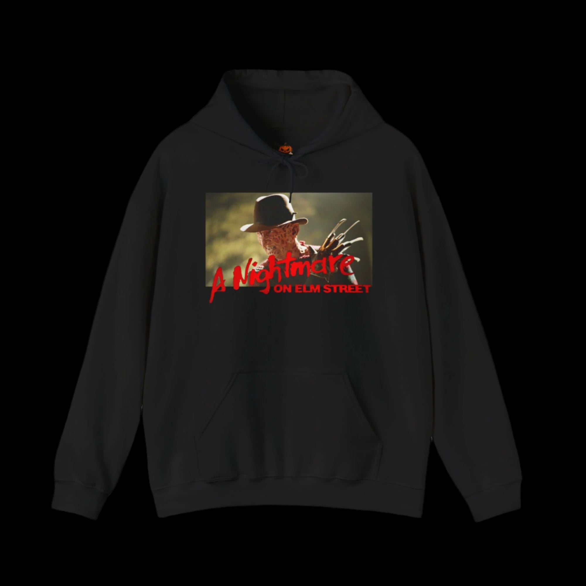 Black hoodie with 'A Nightmare on Elm Street' graphic design on a black background
