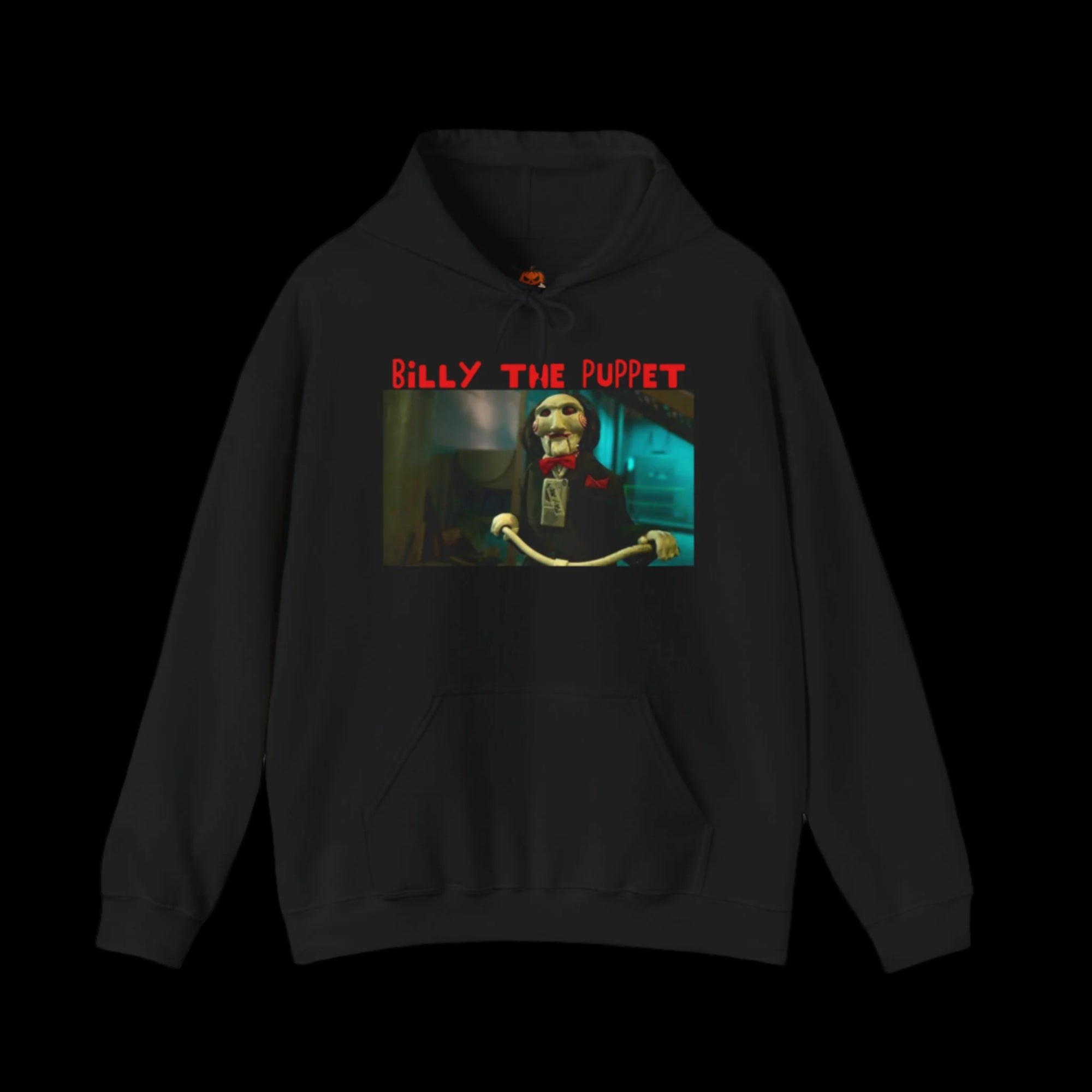 Black hoodie with 'Billy the Puppet' graphic design on a black background