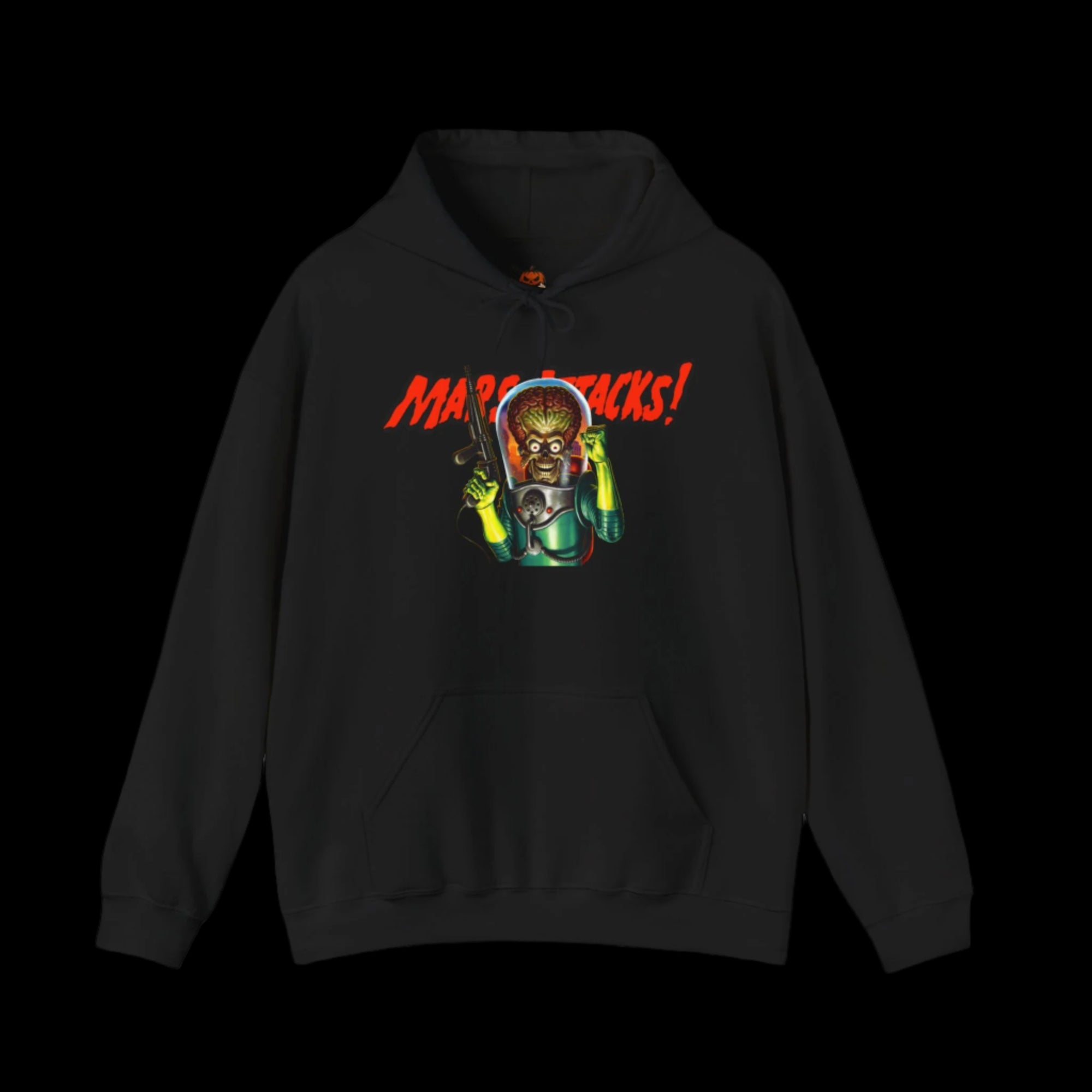 Black hoodie with graphic design and text on a black background