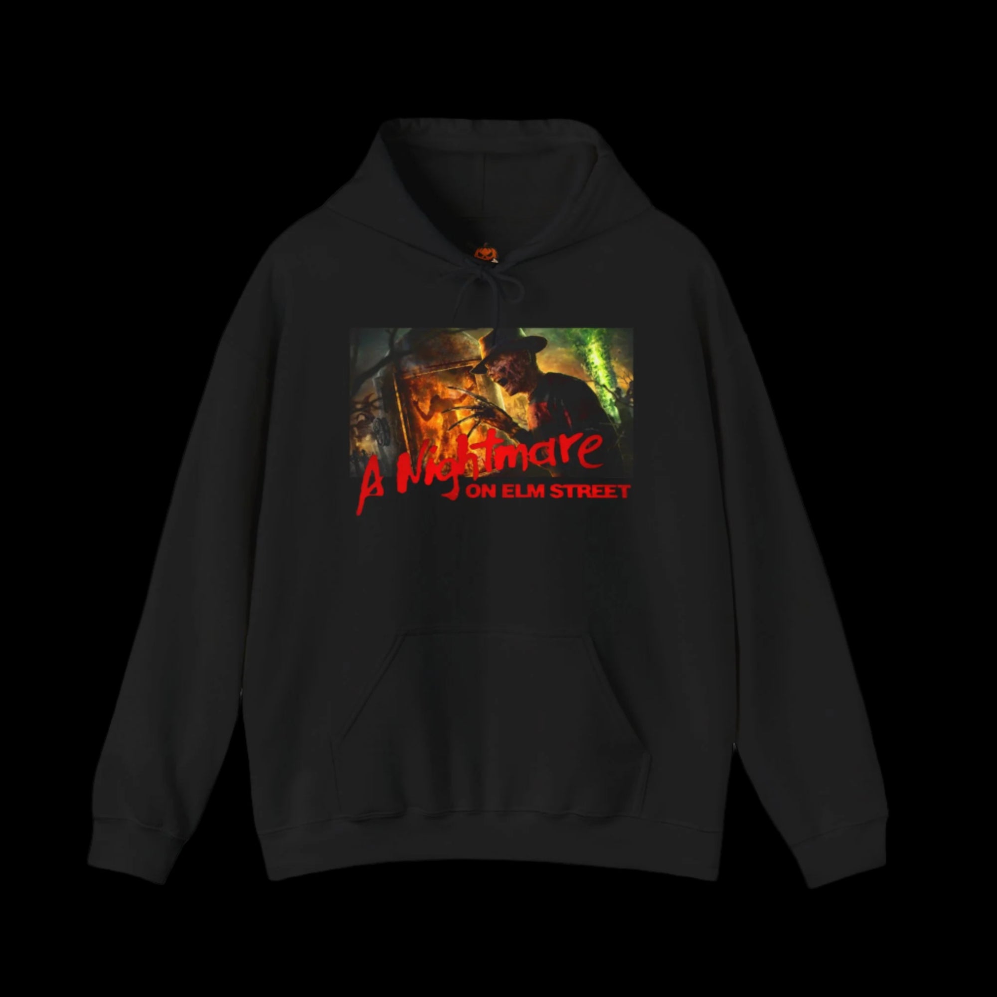 Black hoodie with 'A Nightmare on Elm Street' graphic design on a black background