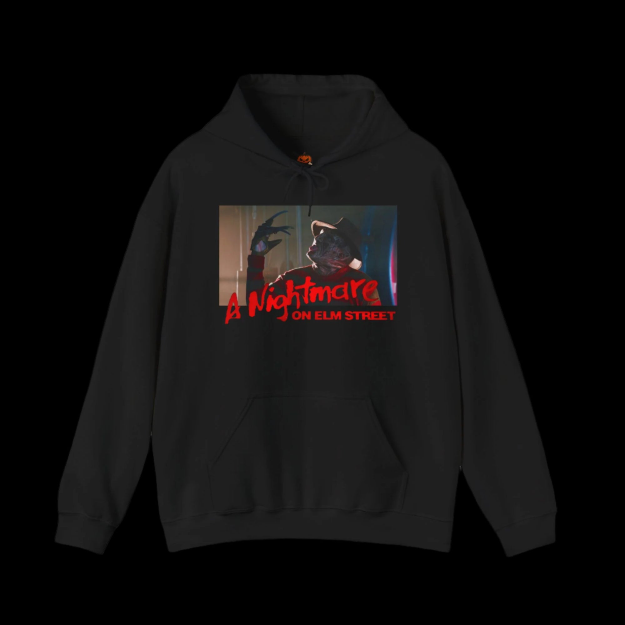 Black hoodie with 'A Nightmare on Elm Street' graphic design on a black background