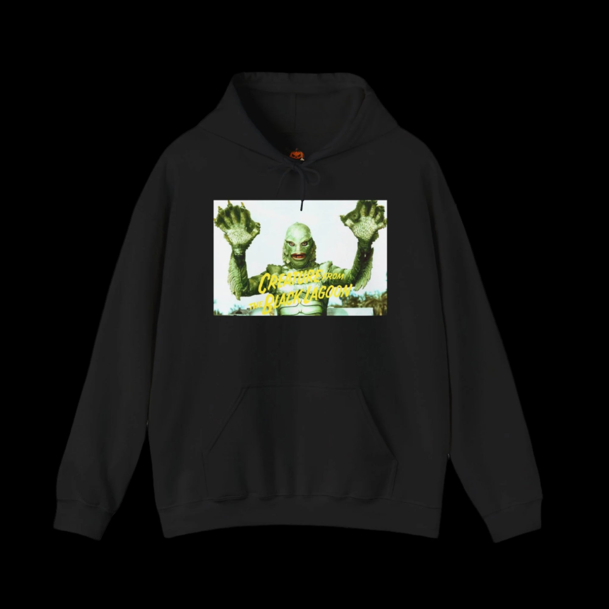 Black hoodie with a graphic of a creature from the black lagoon gill-man and text on a black background