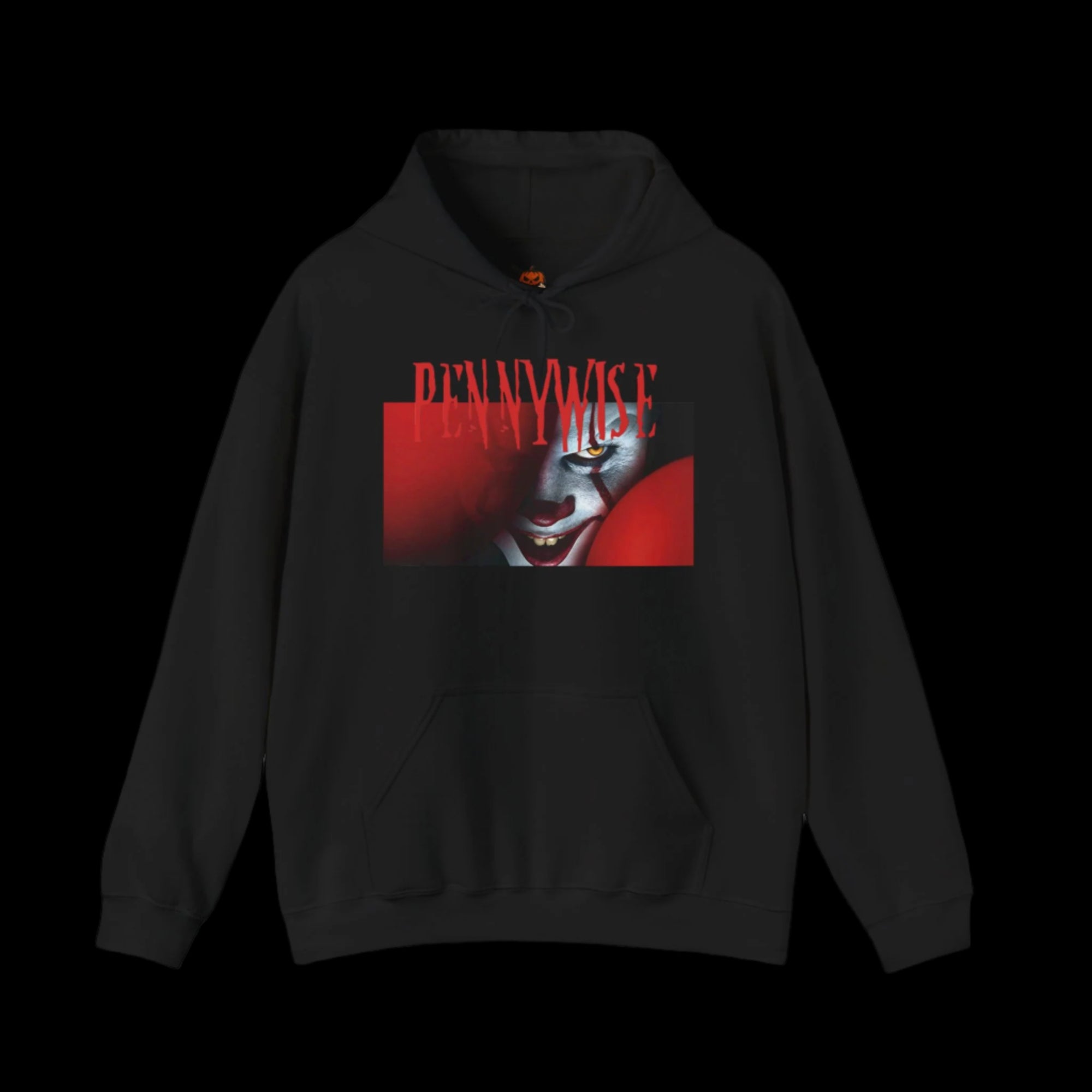 Black hoodie with a graphic design featuring a face and text on a black background