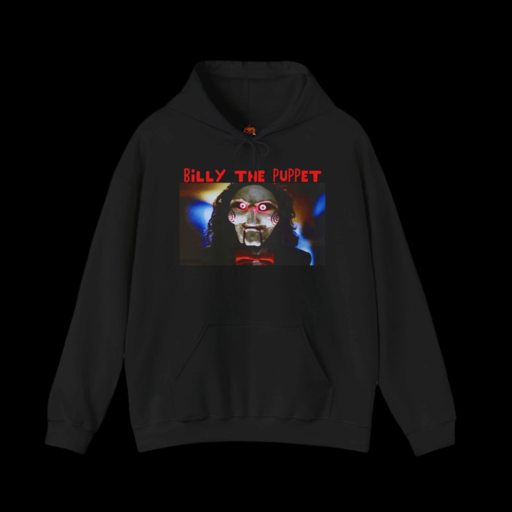 Black hoodie with 'Billy the Puppet' graphic on a black background