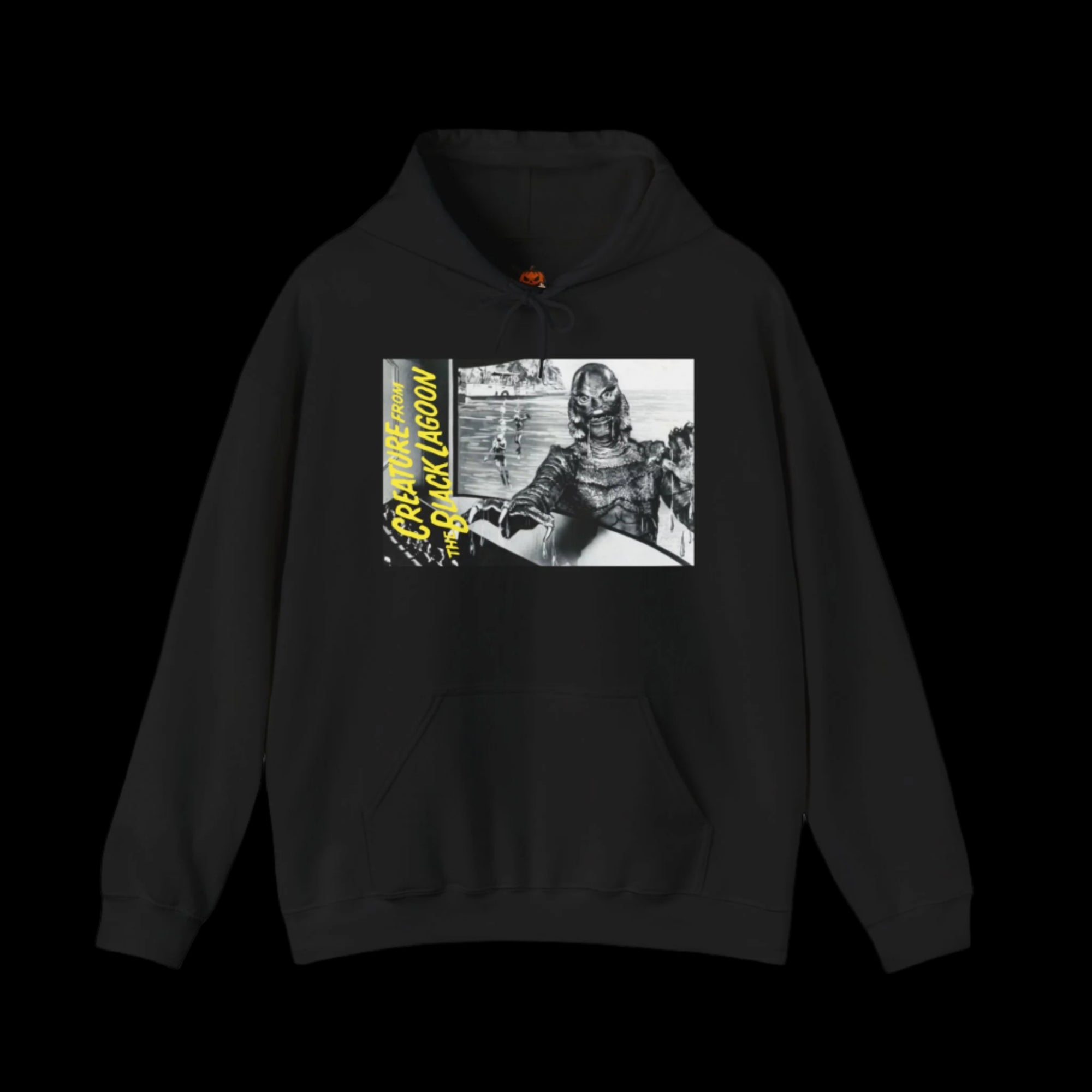 Black hoodie with a graphic of a creature from the black lagoon gill-man and text on a black background