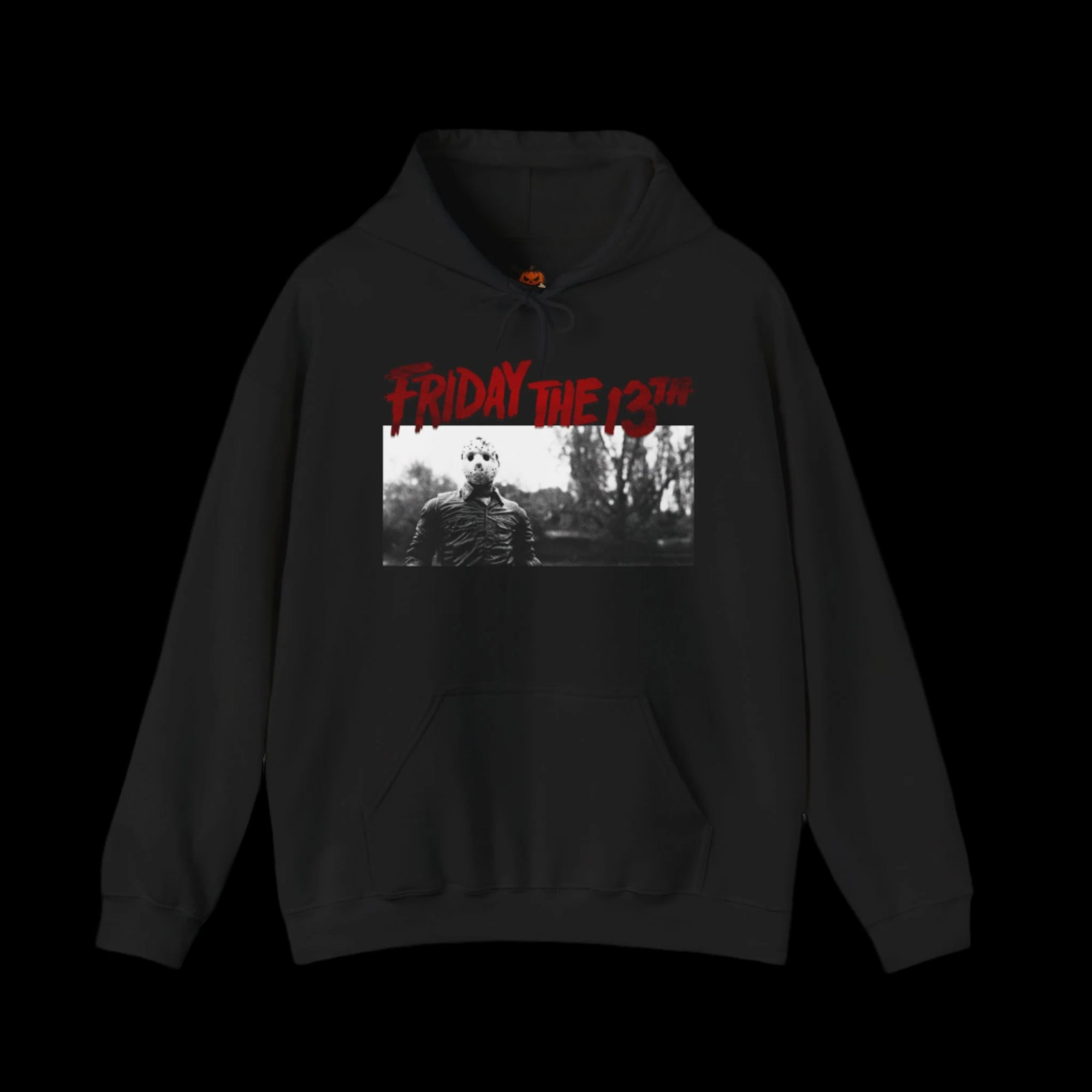 Black hoodie with 'Friday the 13th' graphic design on a black background