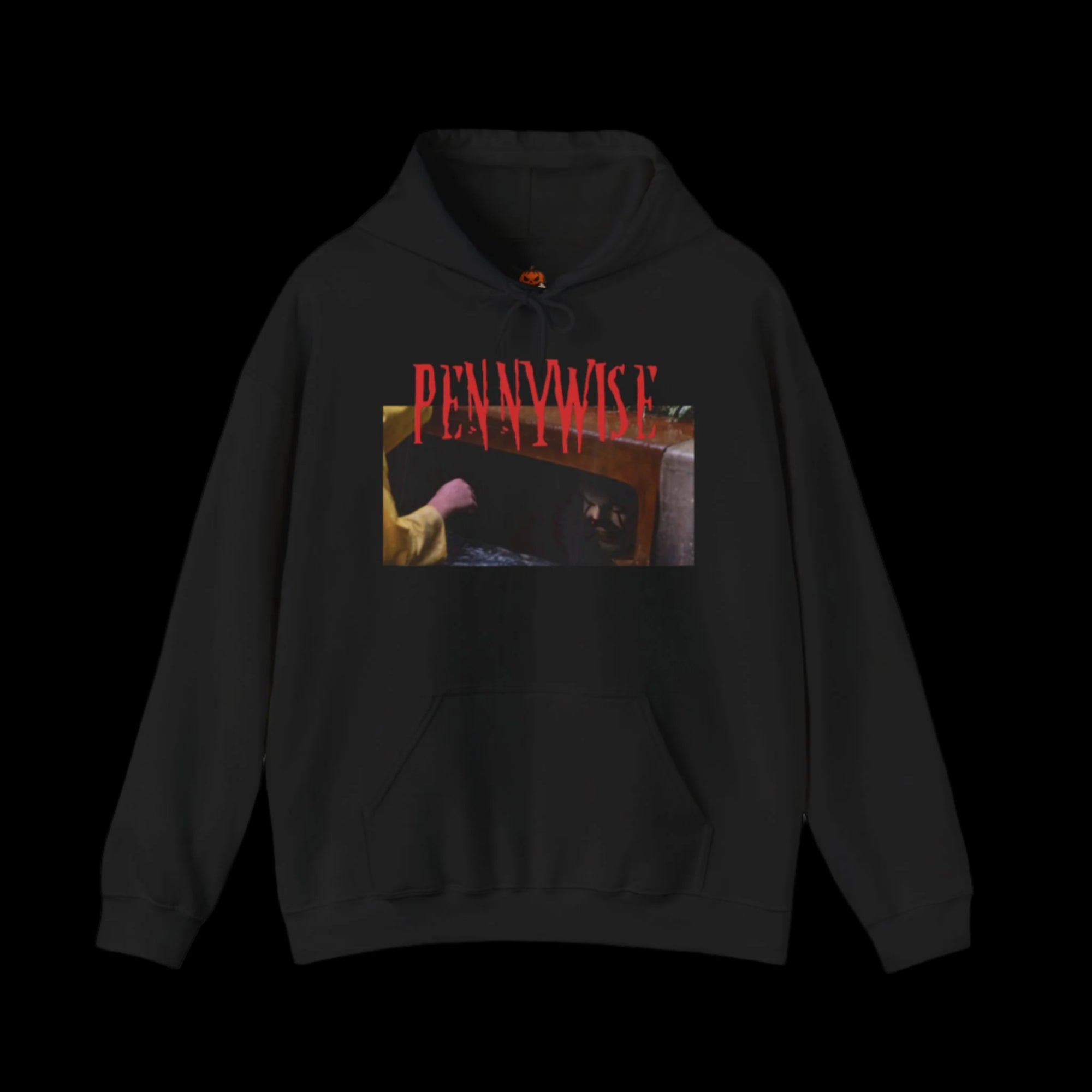Black hoodie with 'PENNYWISE' graphic design on a black background