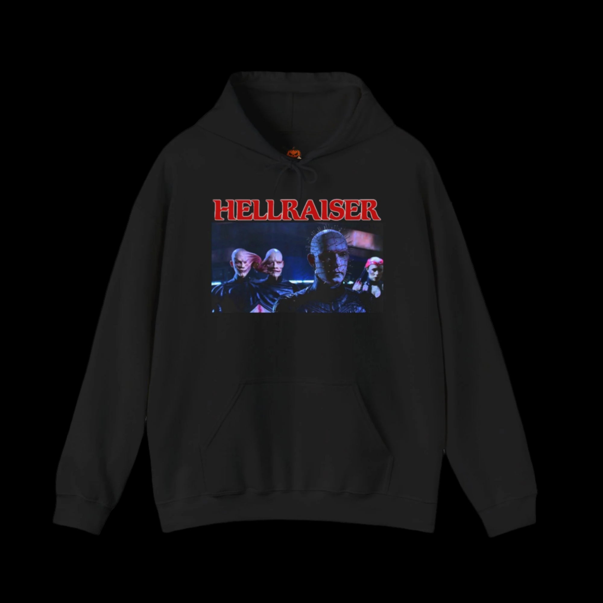 Black hoodie with 'Hellraiser' graphic design on a black background