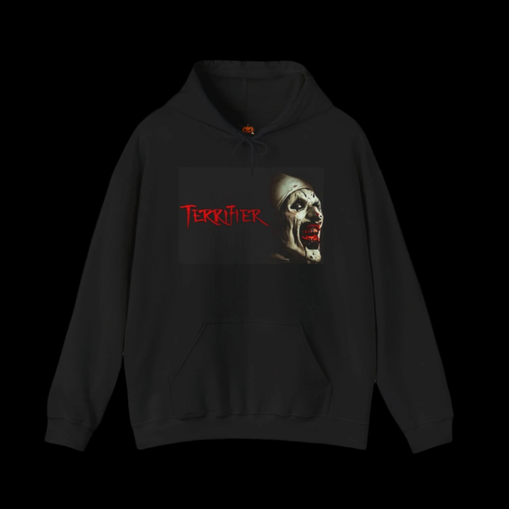 Black hoodie with 'Terrifier' graphic design of Art The Clown on a white background