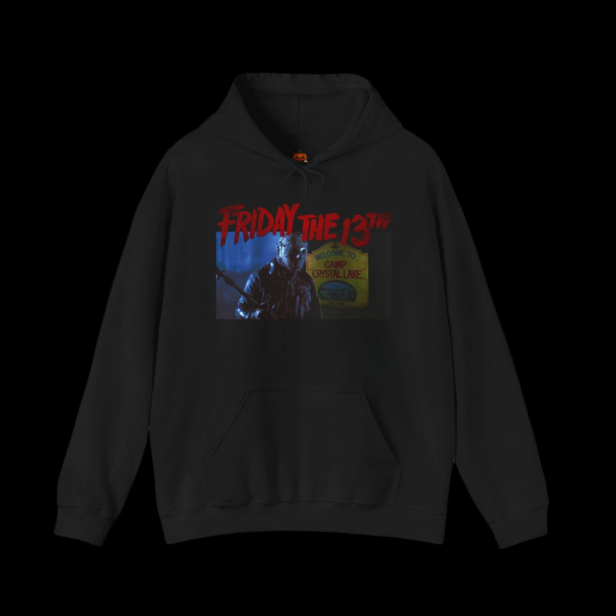 Black hoodie with 'Friday the 13th' graphic on a black background