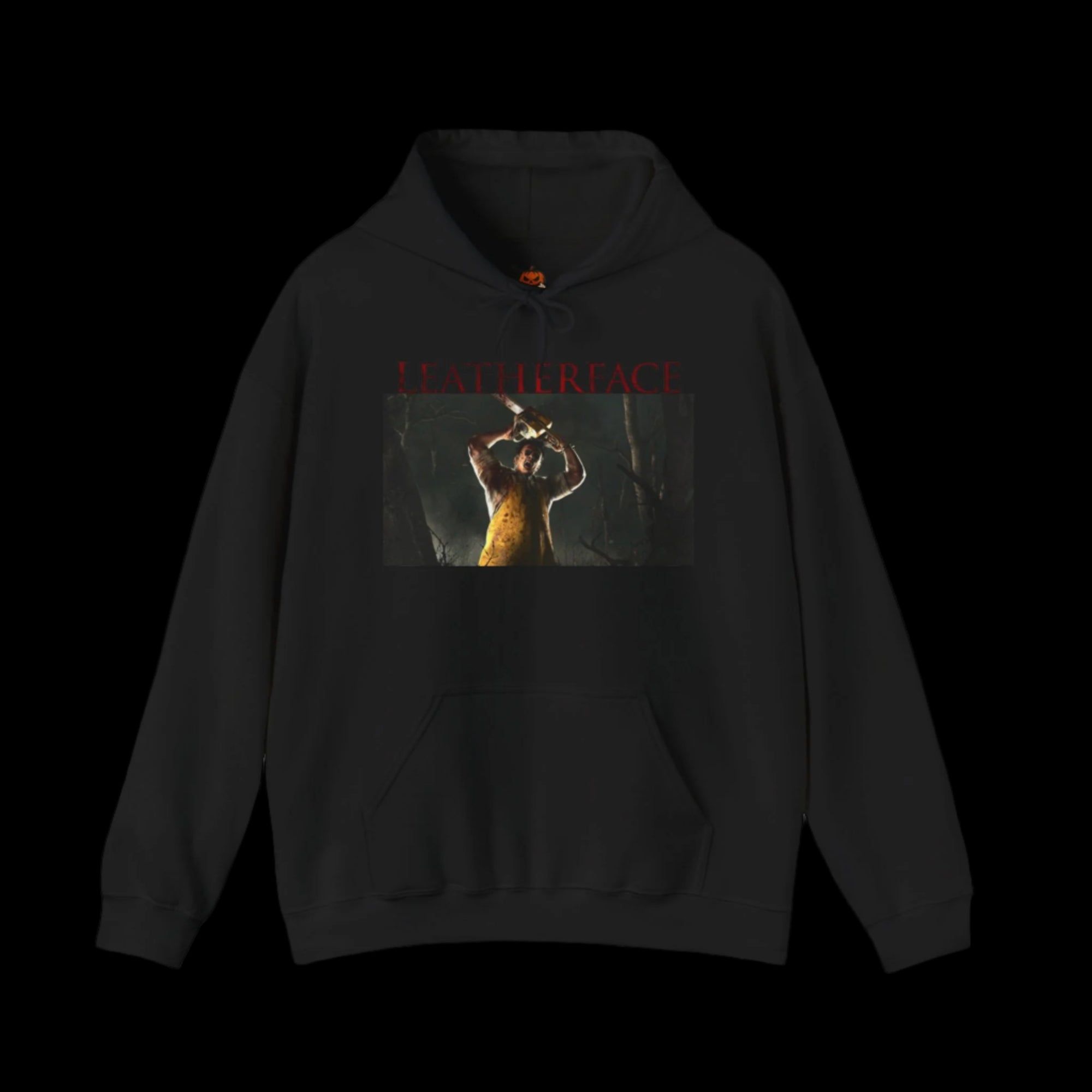 Black hoodie with graphic design and text on a black background