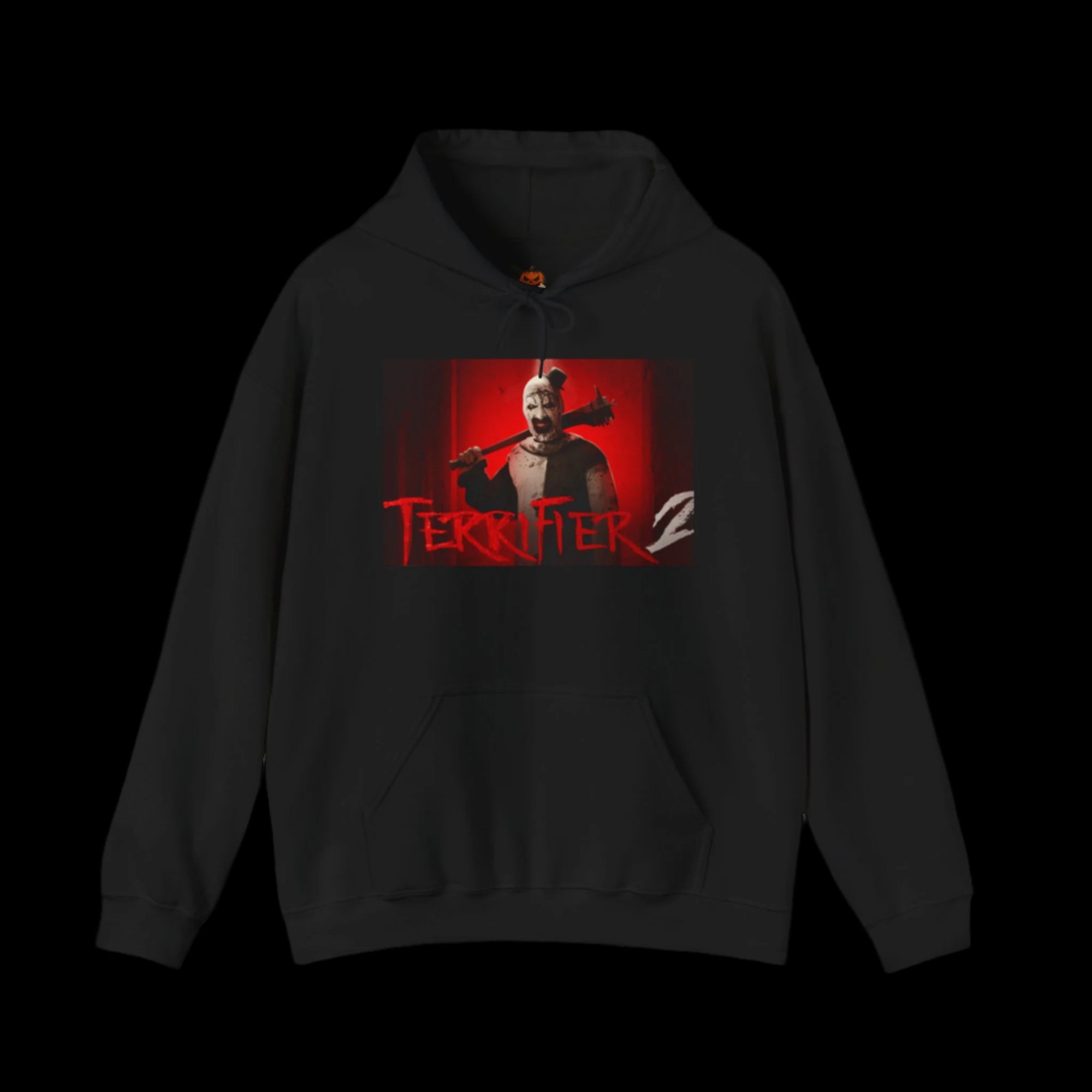Black hoodie with 'Terrifier' graphic design of Art The Clown on a white background