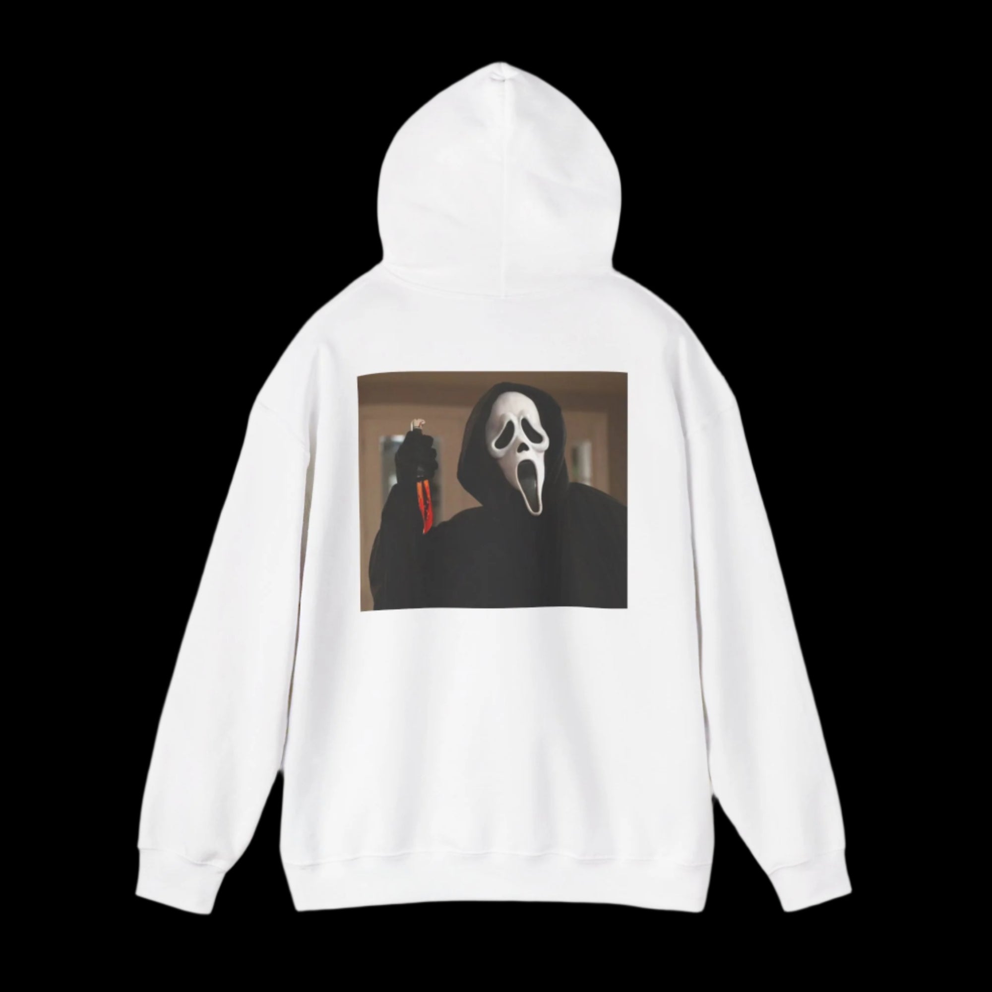 White hoodie with a graphic Ghostface holding a knife on the back, on a white background