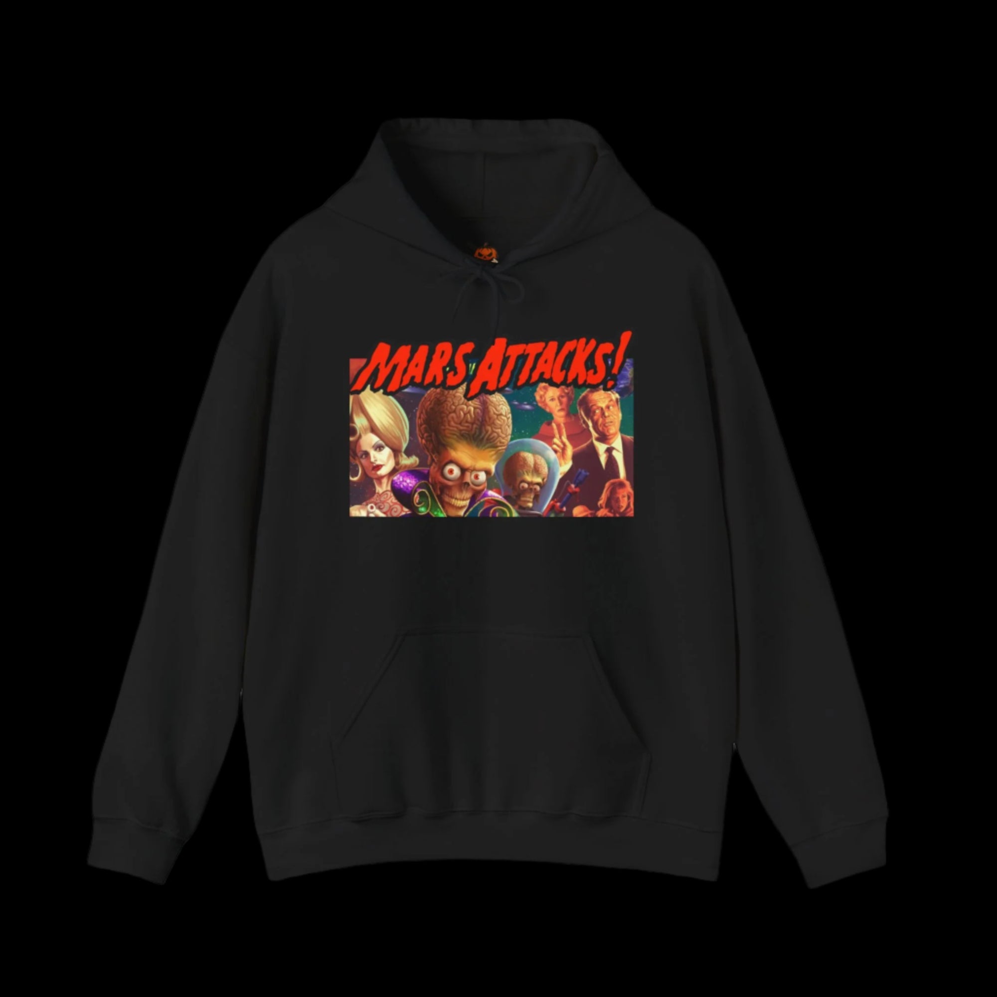Black hoodie with 'Mars Attacks!' graphic on a black background