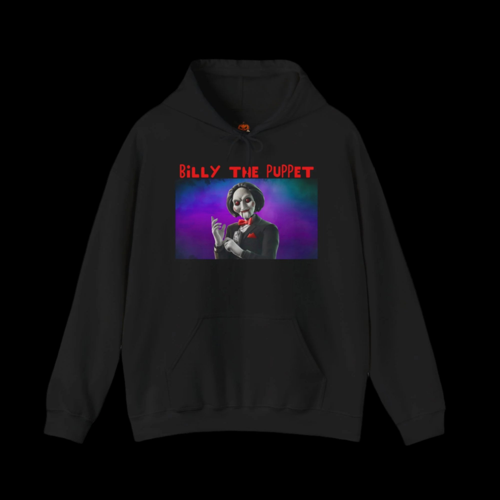Black hoodie with 'Billy the Puppet' graphic on a black background