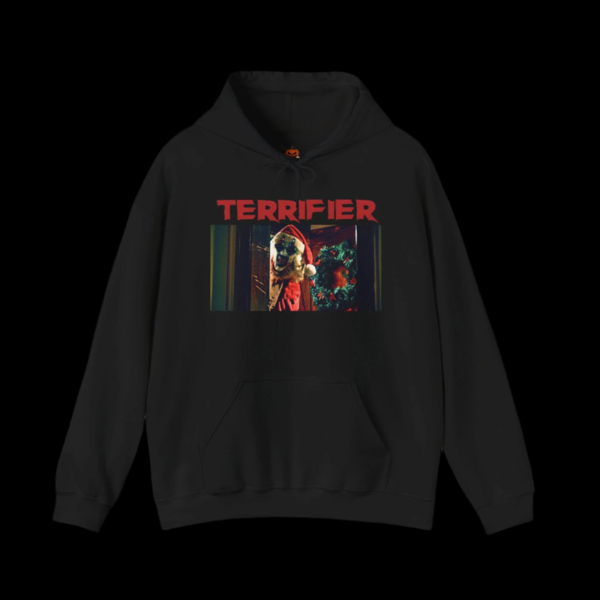 Black hoodie with 'Terrifier' graphic design of Art The Clown on a white background