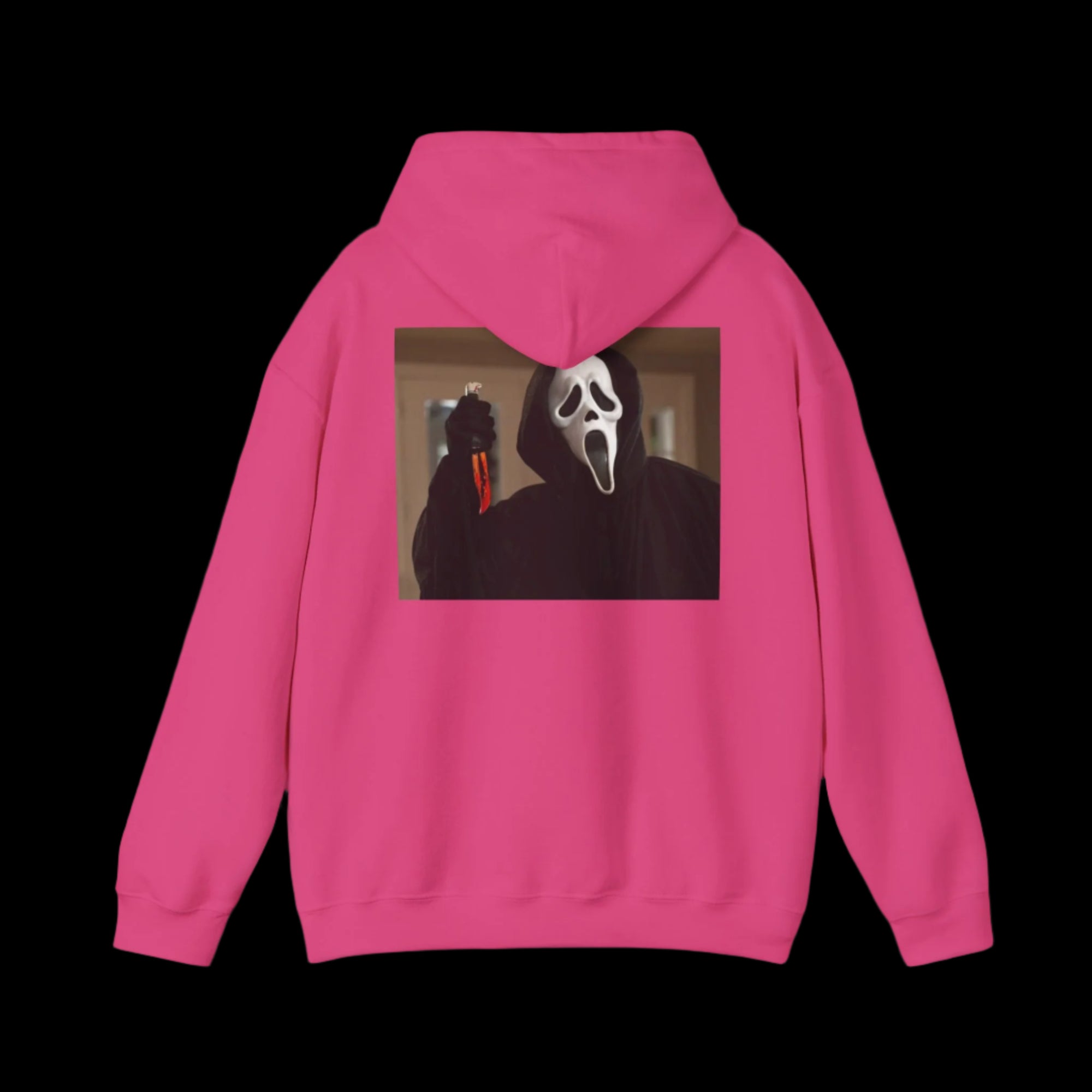 Pink hoodie with a graphic of ghostface on the back, on a white background