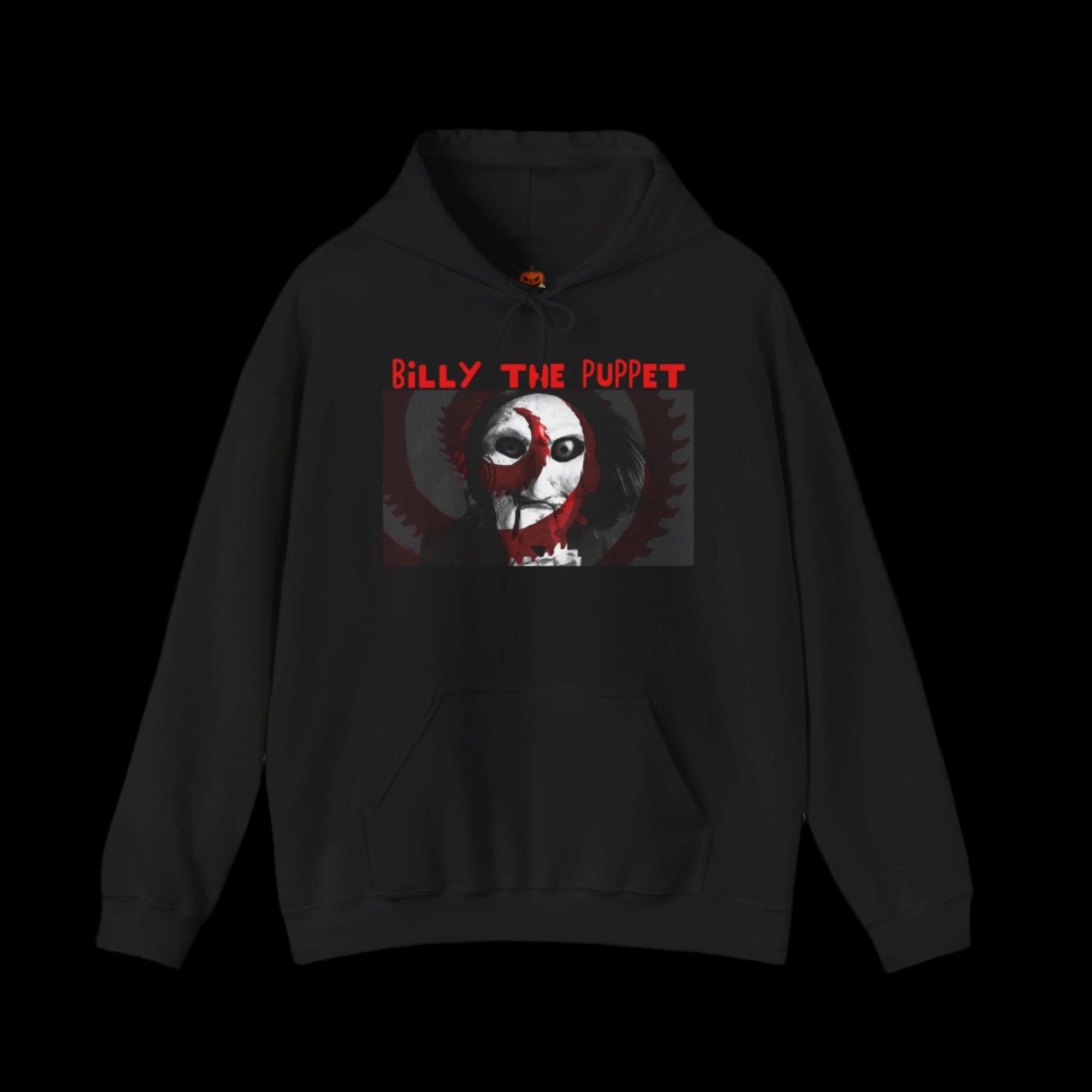 Black hoodie with 'Billy the Puppet' graphic design on a black background