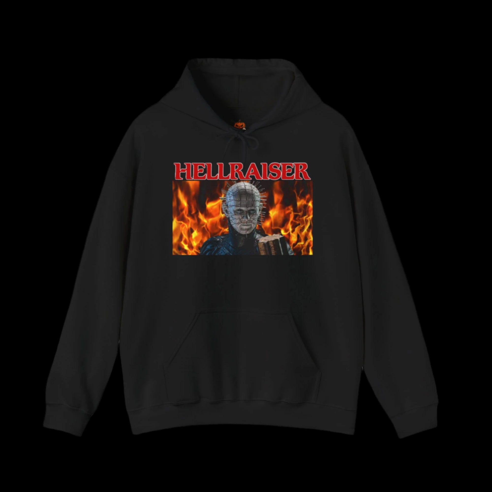 Black hoodie with 'Hellraiser' graphic design featuring a person in flames on a black background
