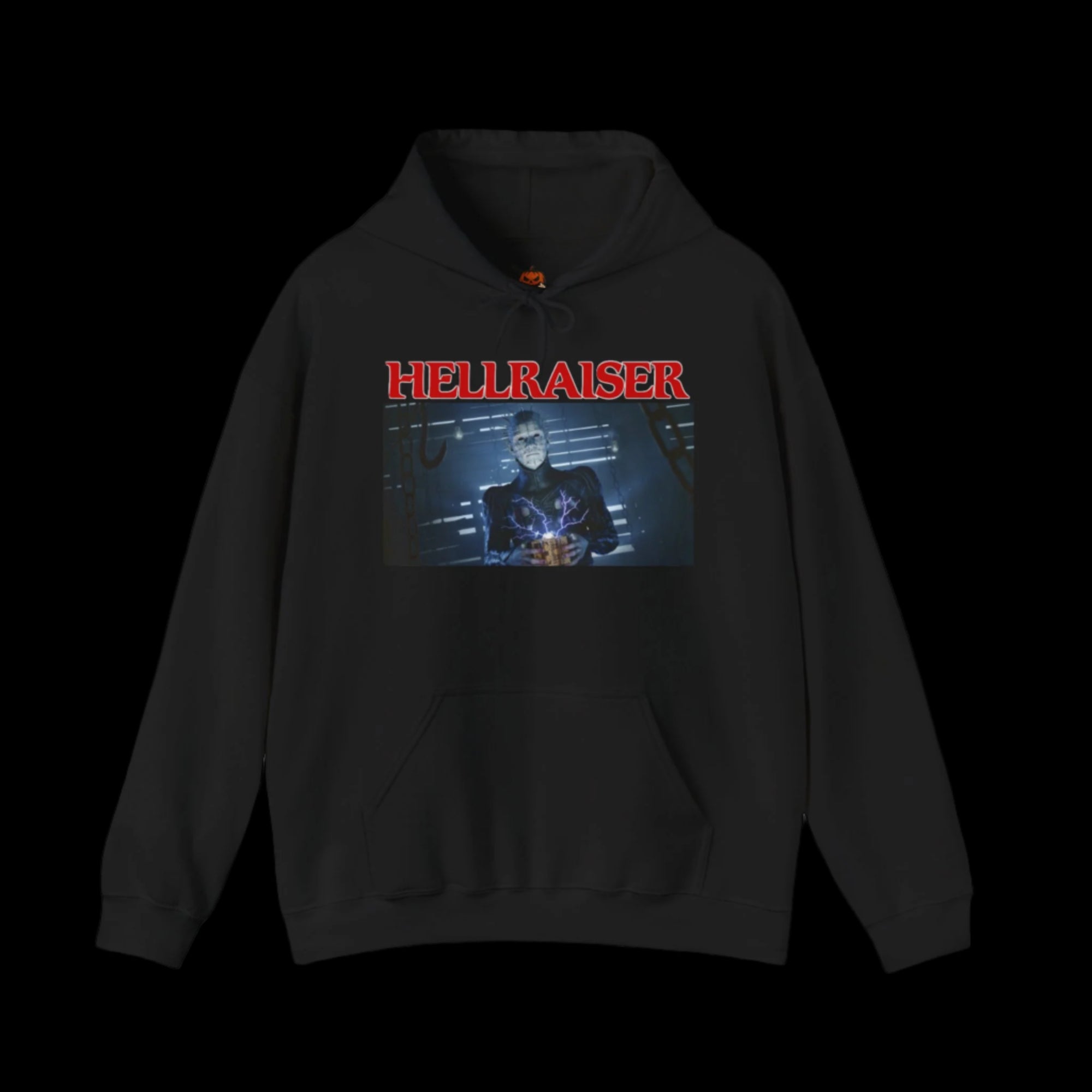 Black hoodie with 'HELLRAISER' graphic on a black background