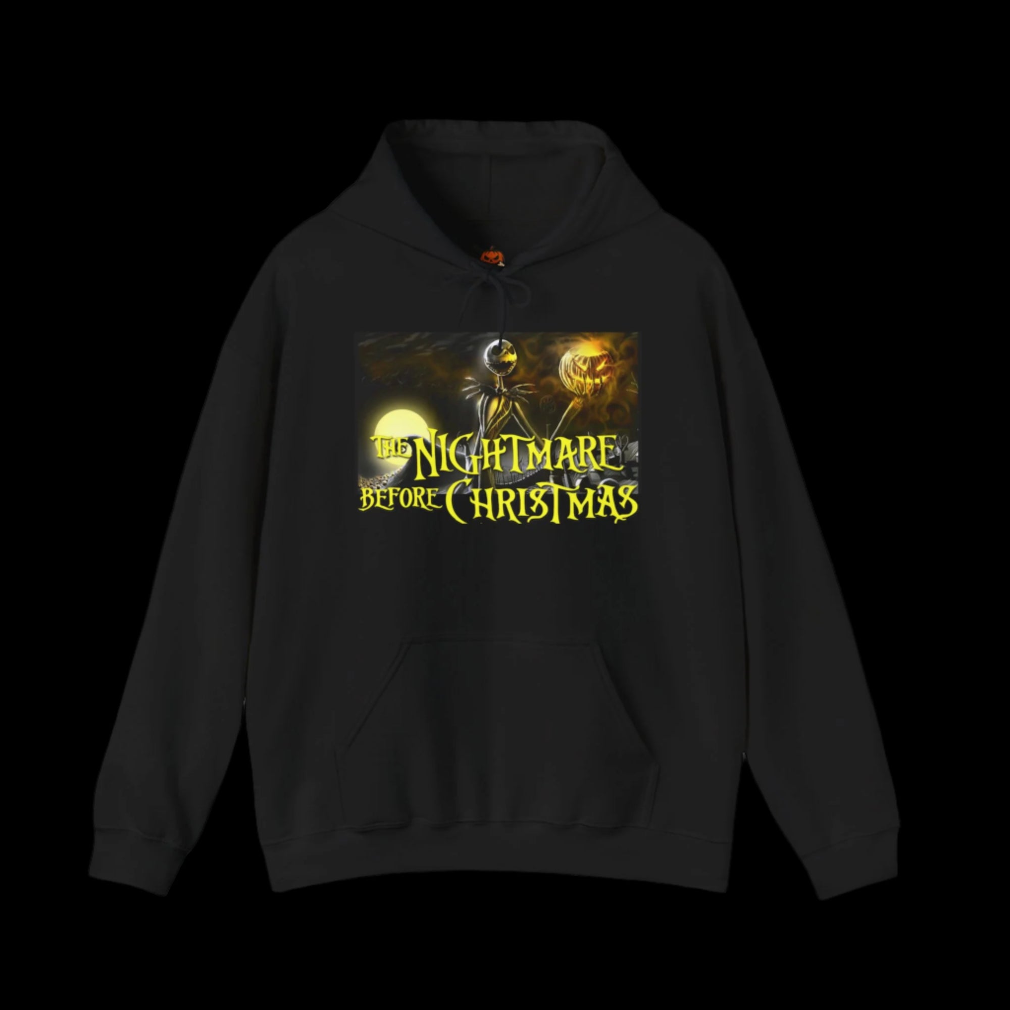 Black hoodie with 'The Nightmare Before Christmas' graphic on a black background