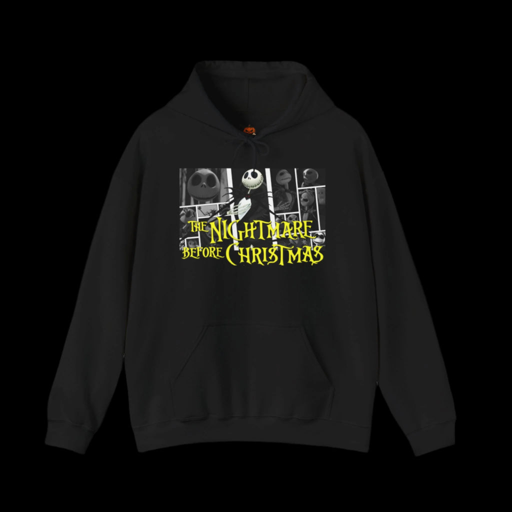 Black hoodie with 'The Nightmare Before Christmas' graphic on a black background