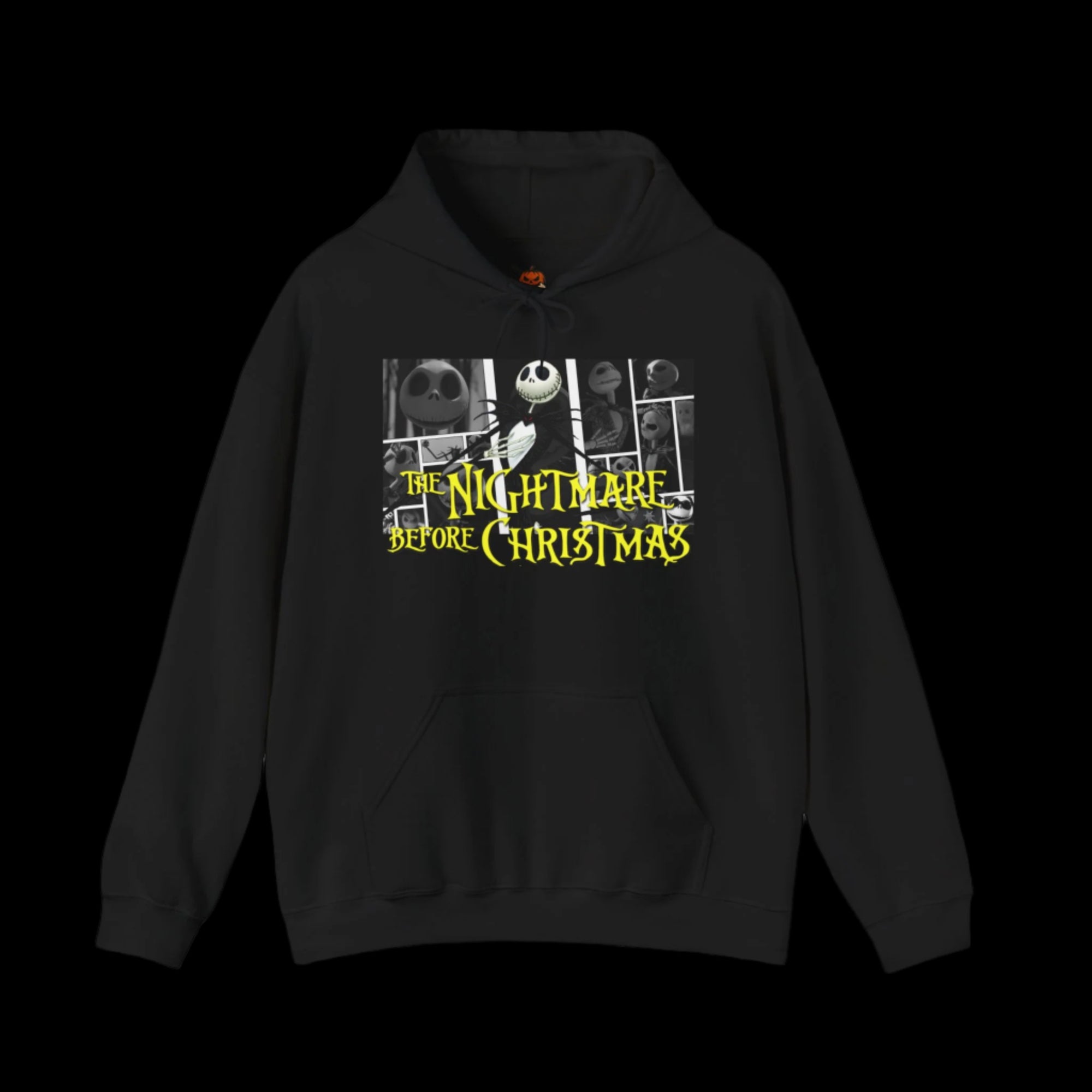 Black hoodie with 'The Nightmare Before Christmas' graphic on a black background
