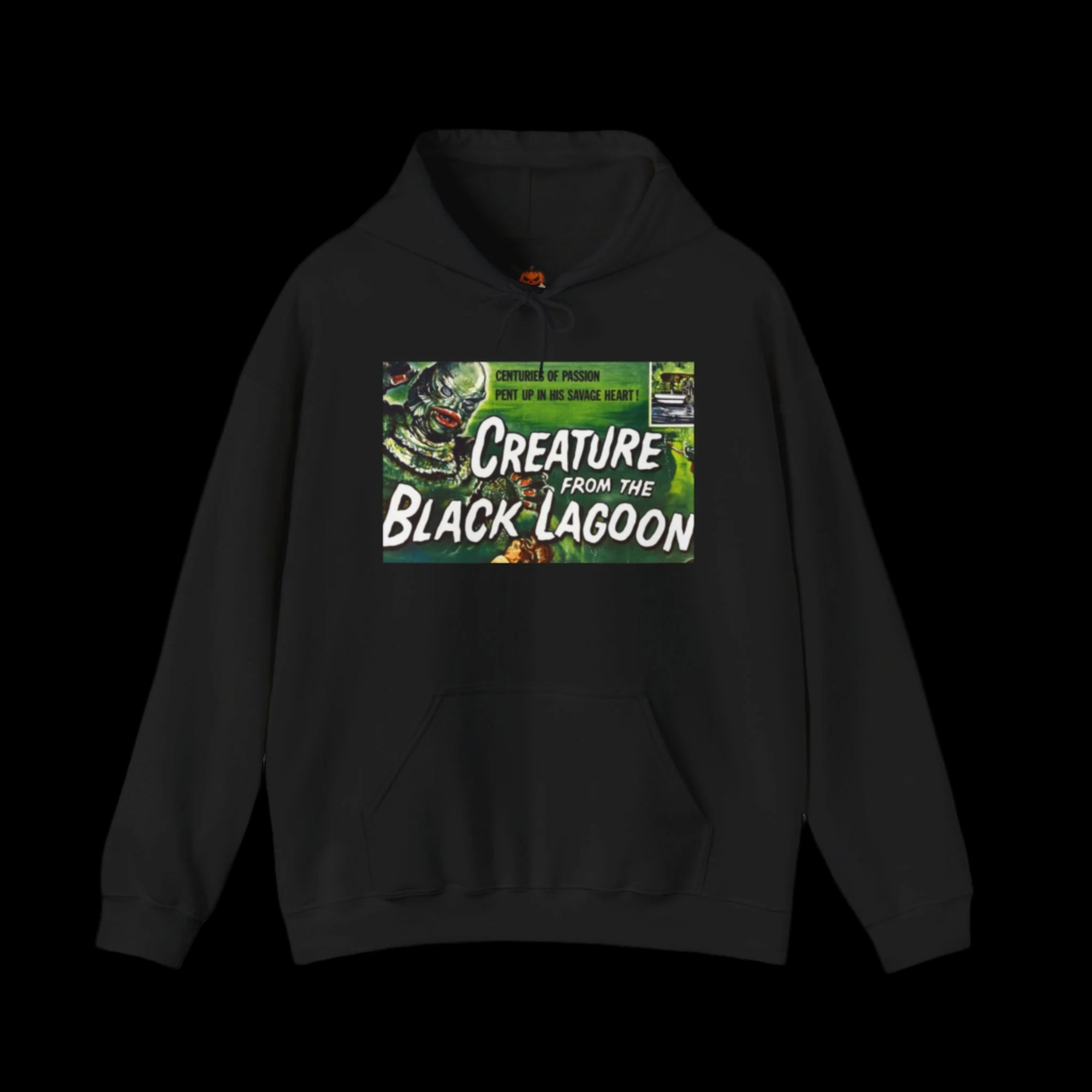 Black hoodie with a graphic of a creature from the black lagoon gill-man and text on a black background