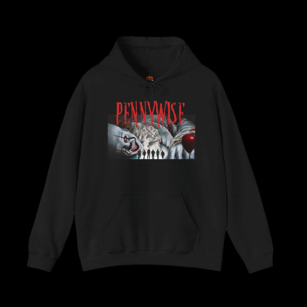 Black hoodie with 'Pennywise' graphic design on a black background
