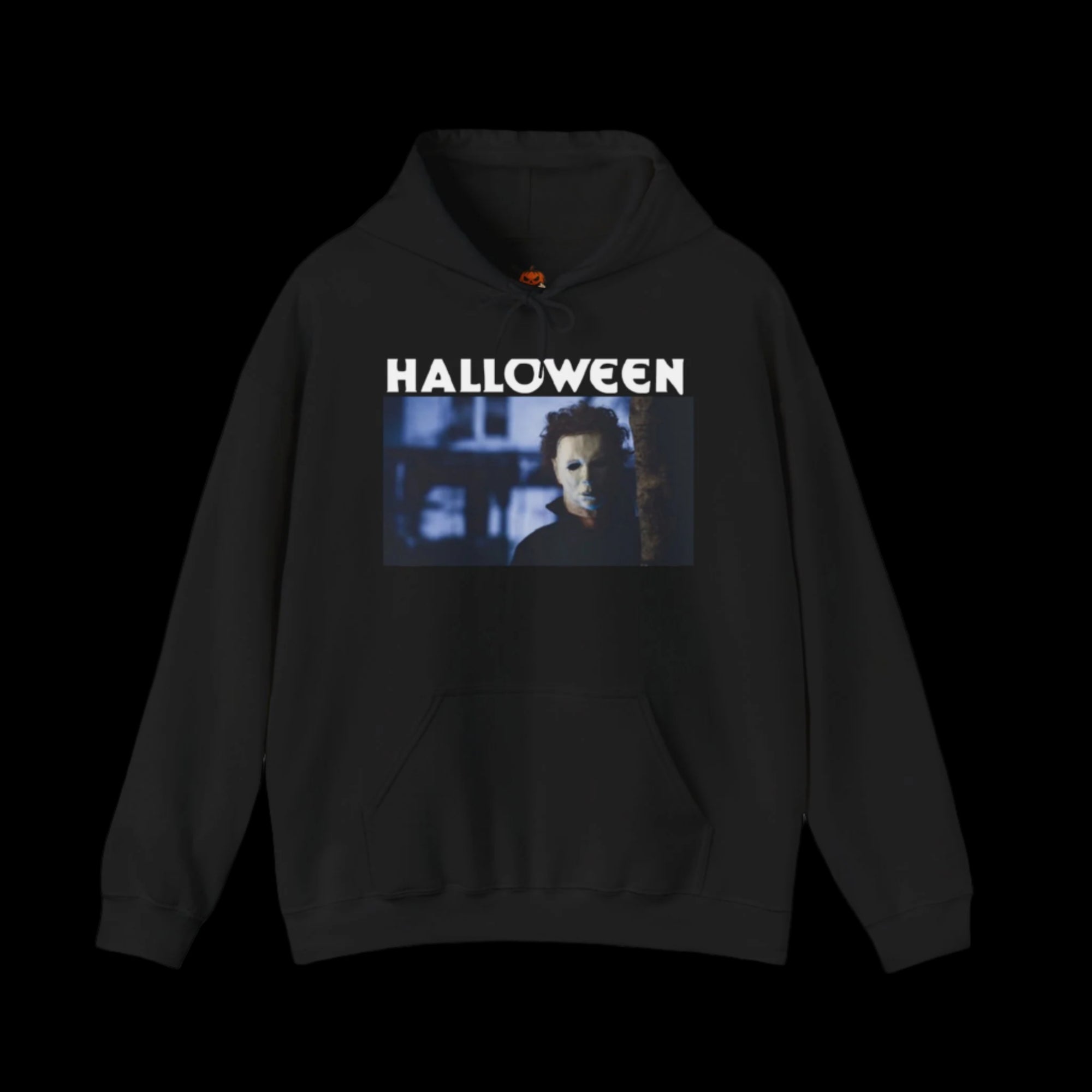 Black hoodie with 'HALLOWEEN' text and a graphic of Michael Myers on a white background