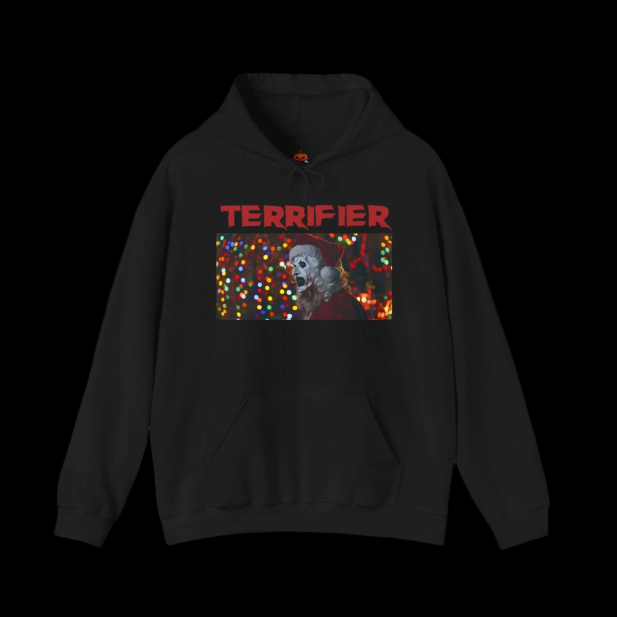 Black hoodie with 'Terrifier' graphic design of Art The Clown on a white background