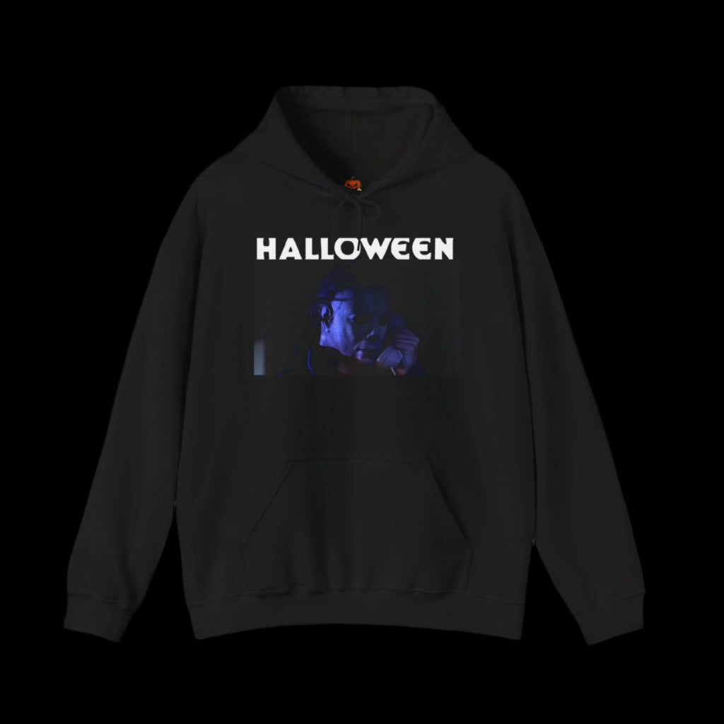 Black hoodie with 'HALLOWEEN' text and a graphic of Michael Myers on a white background