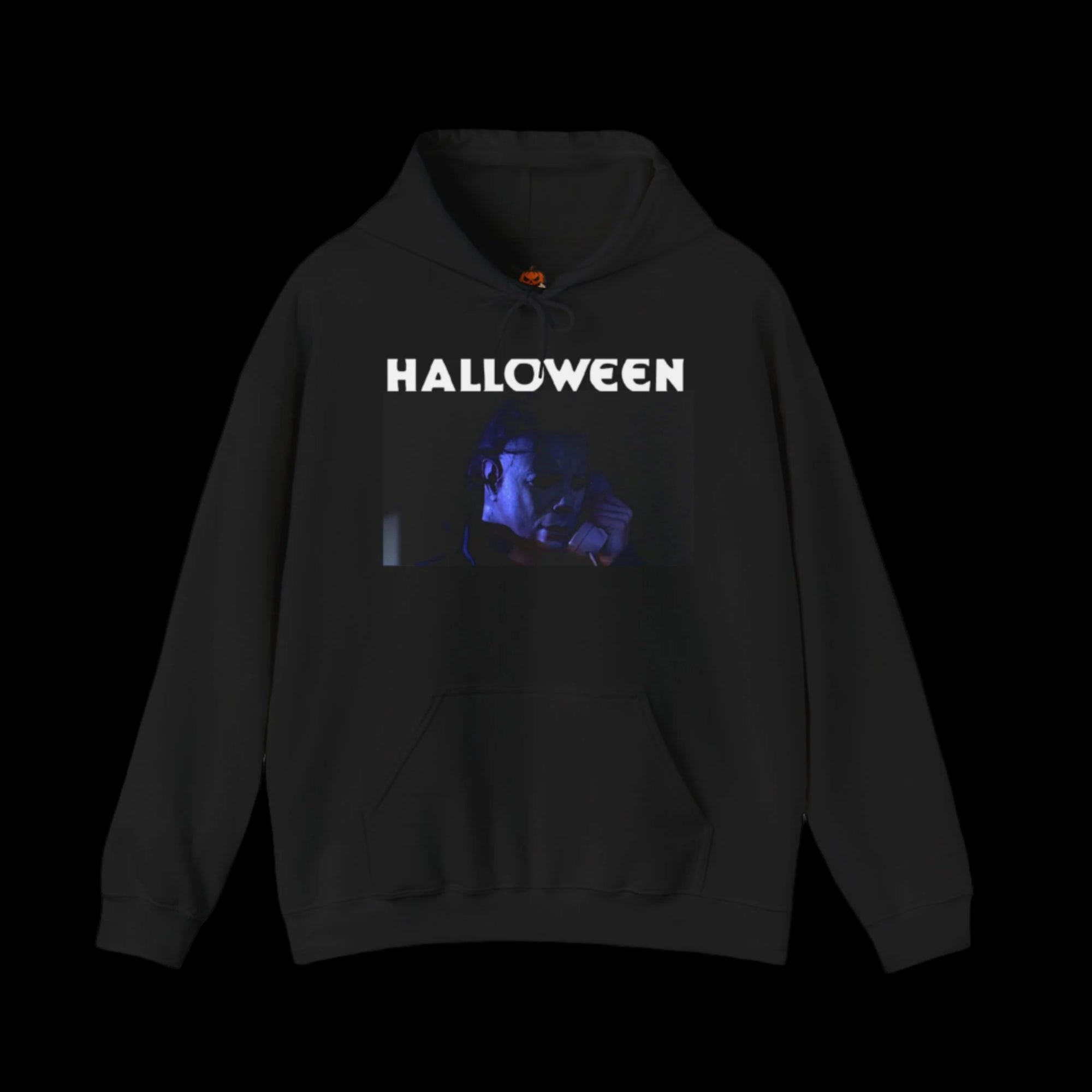 Black hoodie with 'HALLOWEEN' text and a graphic of Michael Myers on a white background