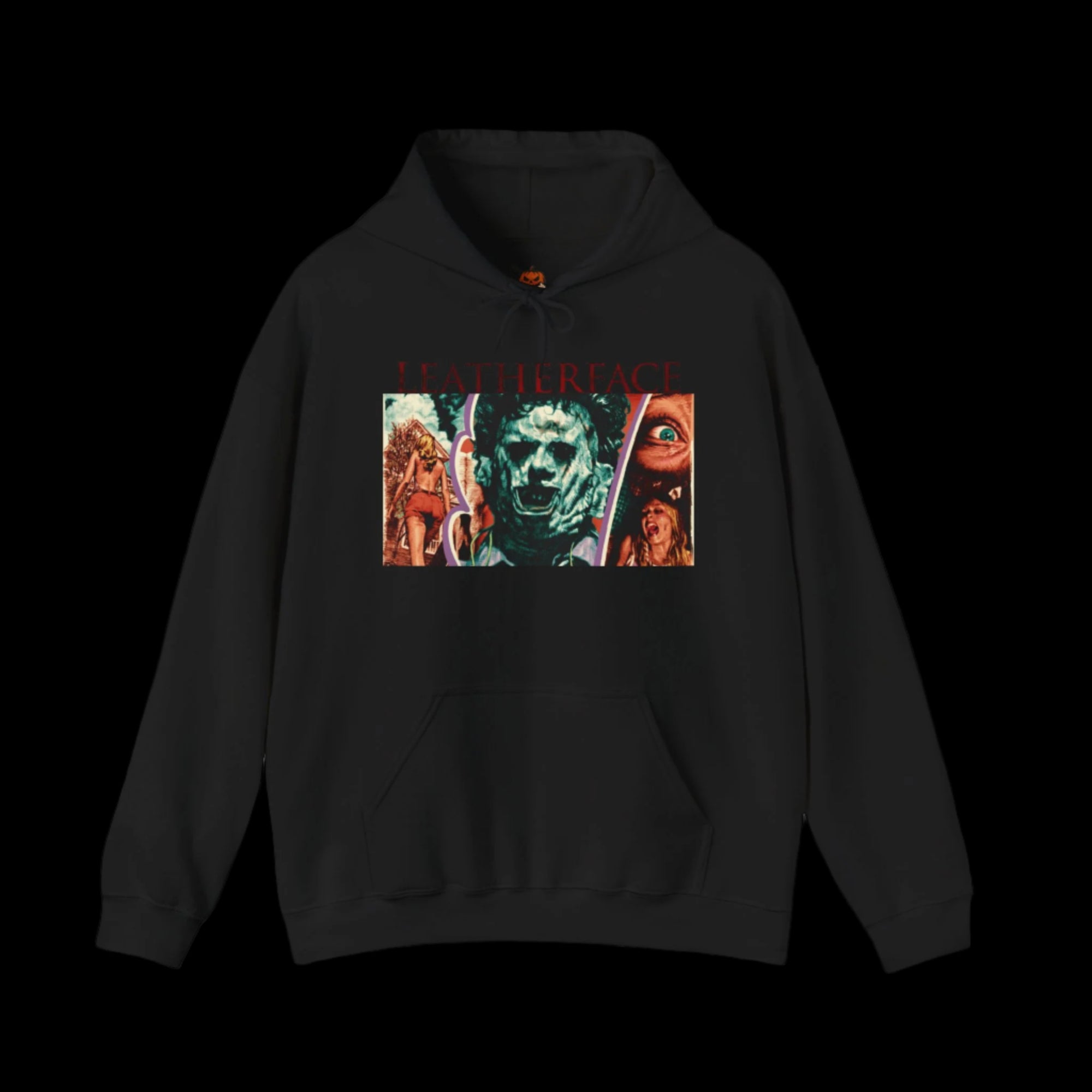 Black hoodie with a colorful graphic design on a black background